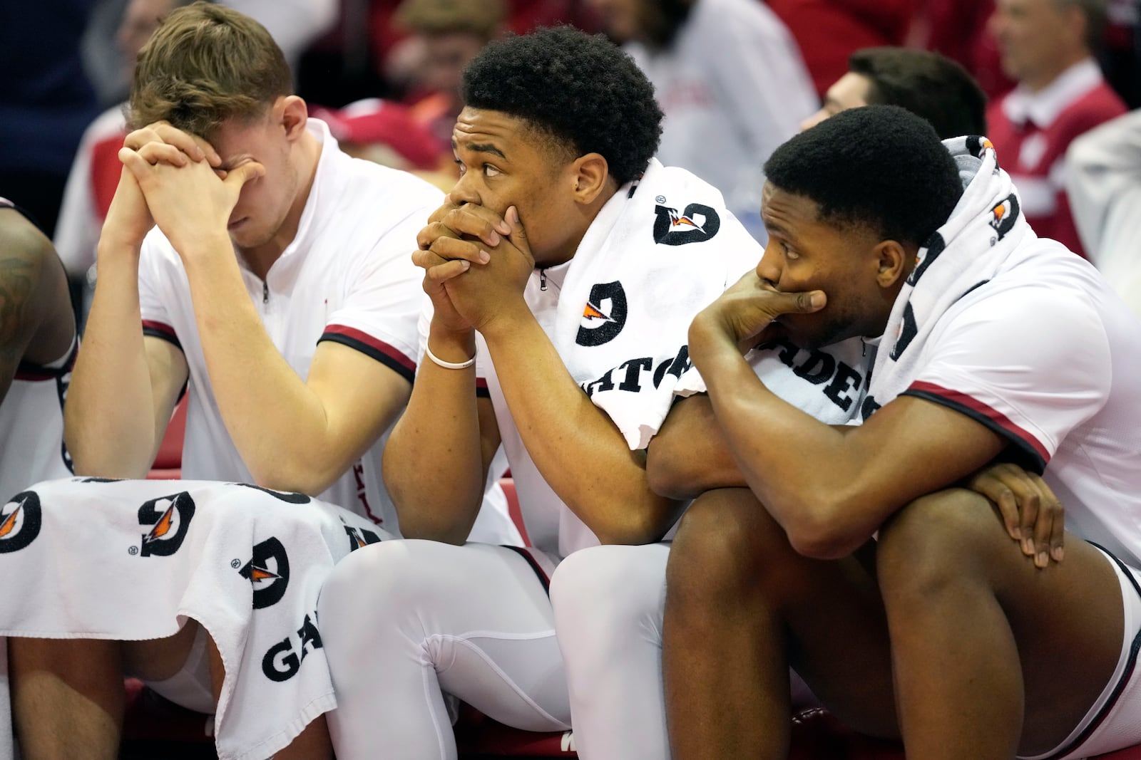 Wisconsin players react to turning the ball over against Oregon in the closing seconds of the second half of an NCAA college basketball game Saturday, Feb. 22, 2025, in Madison, Wis. (AP Photo/Kayla Wolf)