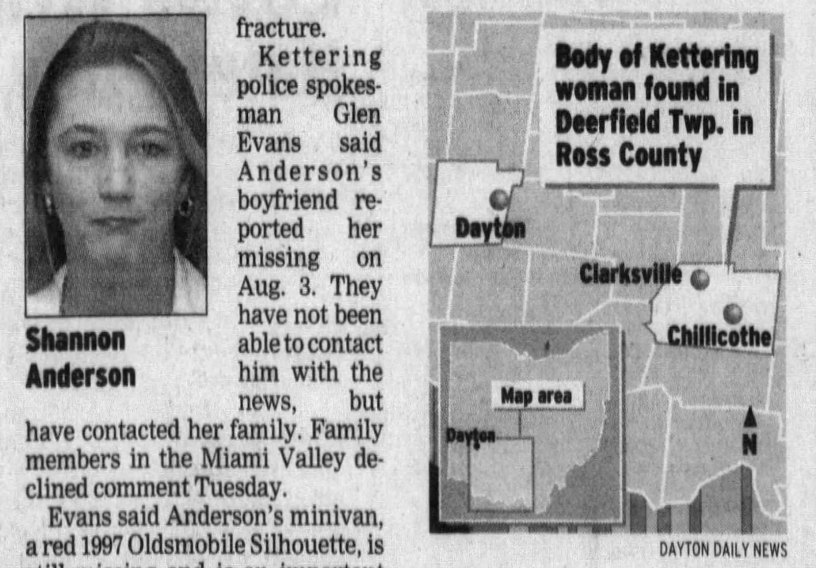 DNA testing confirmed that a badly burned body found in Ross County was Shannon Anderson. DAYTON DAILY NEWS ARCHIVES 2001.