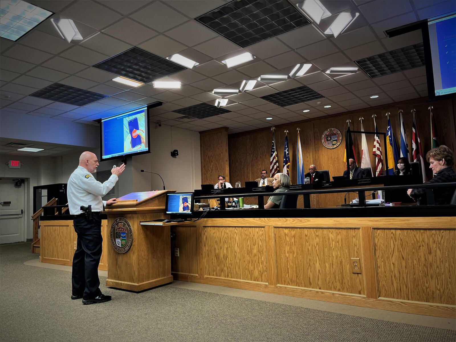 Dayton police Major Paul Saunders speaks  before the Dayton City Commission during a public hearing about Fusus technology on Wednesday, Feb. 15, 2023. CORNELIUS FROLIK / STAFF