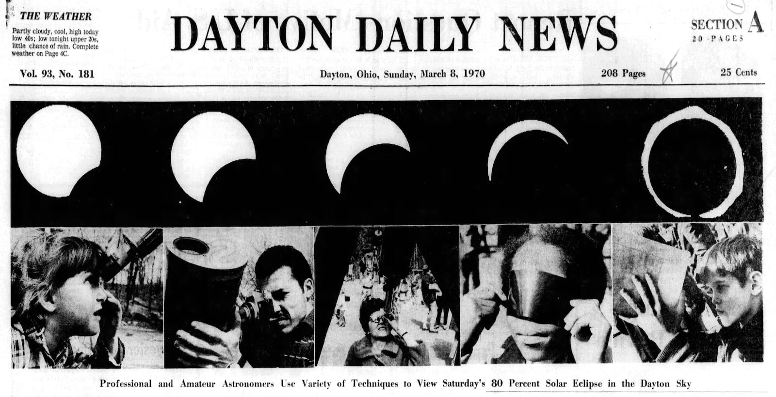 Newspaper coverage of the partial solar eclipse of March 7, 1970. DAYTON DAILY NEWS ARCHIVES