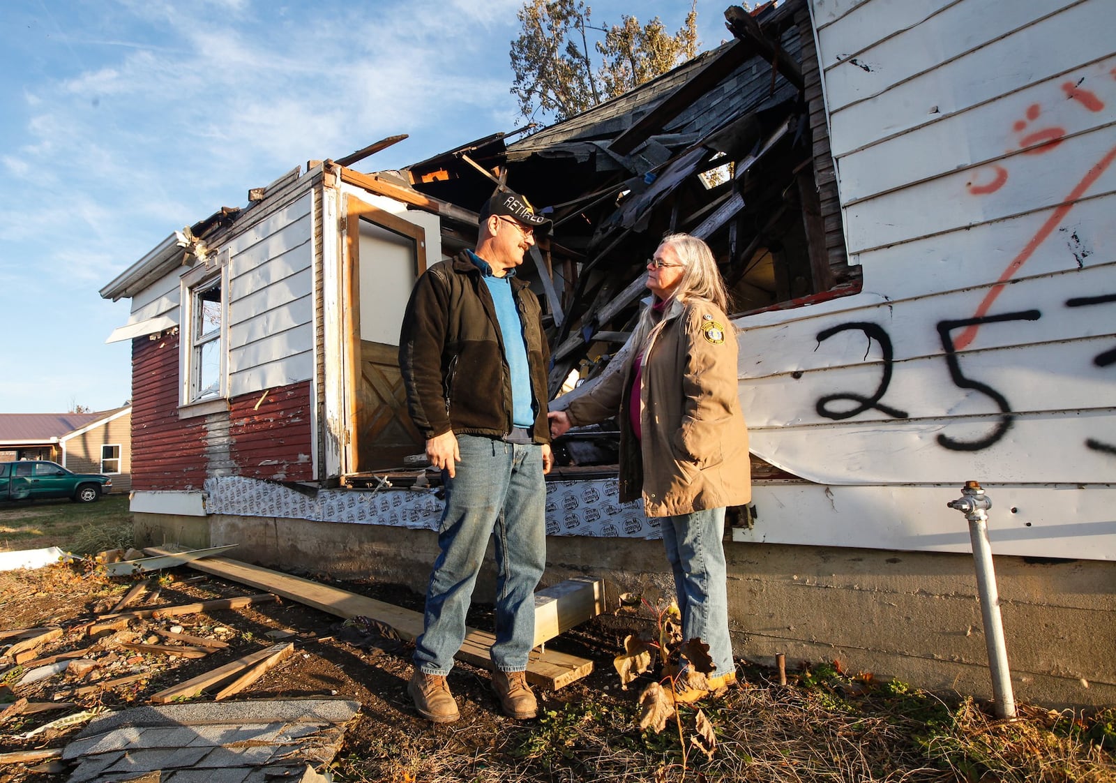 Rex and Connie Huselton survived the tornado that damaged their Ontario Avenue home in Harrison Twp. They lived in an RV behind the house for a time, but it became clear they would have to find a new home before winter along with the realization the damaged house may never be rebuilt. CHRIS STEWART / STAFF