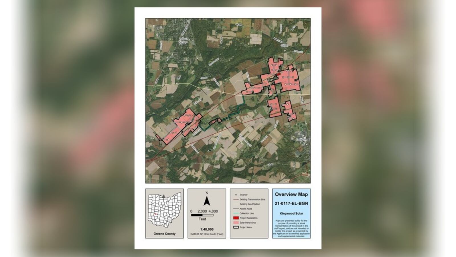 This map shows the boundaries of the proposed Kingwood Solar utility-scale solar electric generation facility the company wants to build in Greene County. The pink areas are the proposed sites for the facility in Cedarville, Miami and Xenia townships. SOURCE: Ohio Power Siting Board