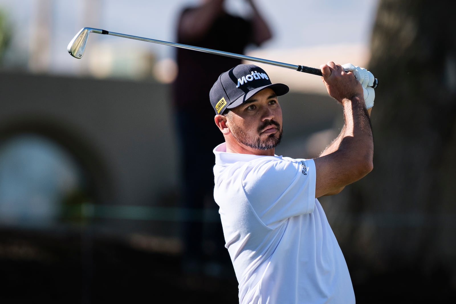 Jason Day hits from the second tee at the Pete Dye Stadium Course during the final round of the American Express golf tournament in La Quinta, Calif., Sunday, Jan. 19, 2025. (AP Photo/William Liang)