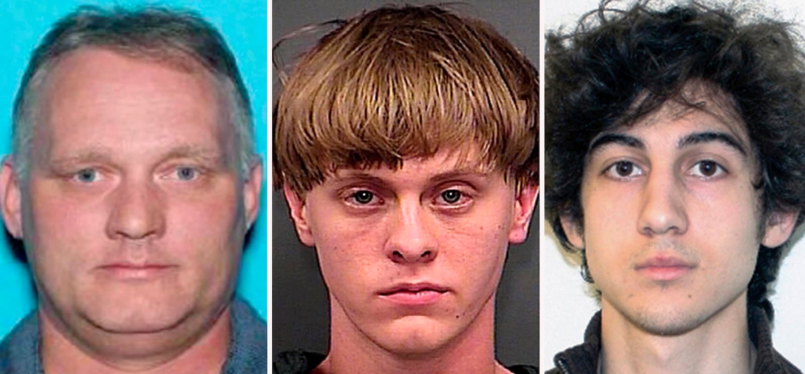 This combination photo shows federal death row inmates Robert Bowers, from left, the gunman who massacred 11 worshippers at a Pittsburgh synagogue in 2018, Dylann Roof, who commited racist slayings of nine members of a Black South Carolina congregation, and Dzhokhar Tsarnaev, convicted for carrying out the April 15, 2013, Boston Marathon bombing attack. President Joe Biden commuted the sentences of 37 of the 40 people on federal death row, converting their punishments to life imprisonment, but left Bowers, Roof and Tsarnaev still facing execution. (Pennsylvania Department of Transportation, from left, Charleston County Sheriff's Office, FBI via AP)