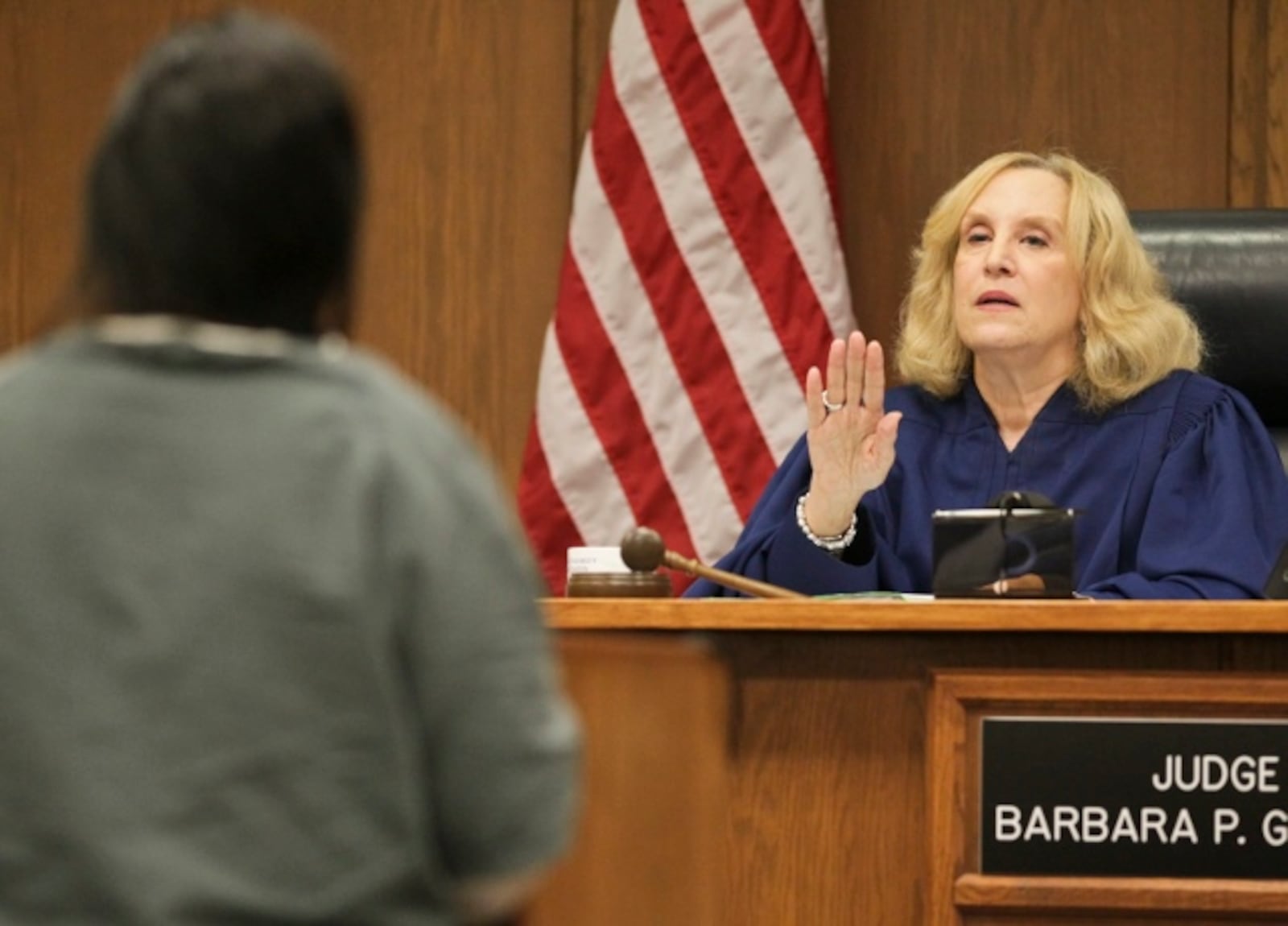 Eva Christian stands before Montgomery County Common Pleas Judge Barbara P. Gorman at her original sentencing hearing in 2012. Staff file photo by Jim Witmer