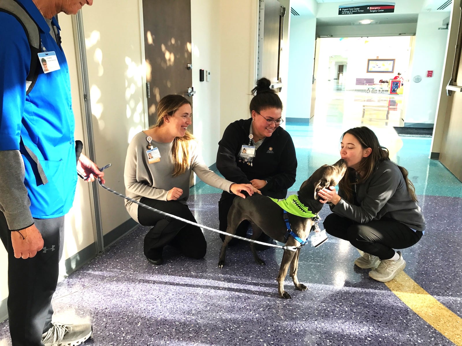 Dash says “hello” to pharmacy tech Emily Rudy (right), as pharmacist Ashley Clark (left) and pharmacy tech Aja Cooper also take a break to visit with the beloved therapy dog of Chris Hart the long time girls basketball coach and athletics director at Alter High School. Tom Archdeacon/CONTRIBUTED