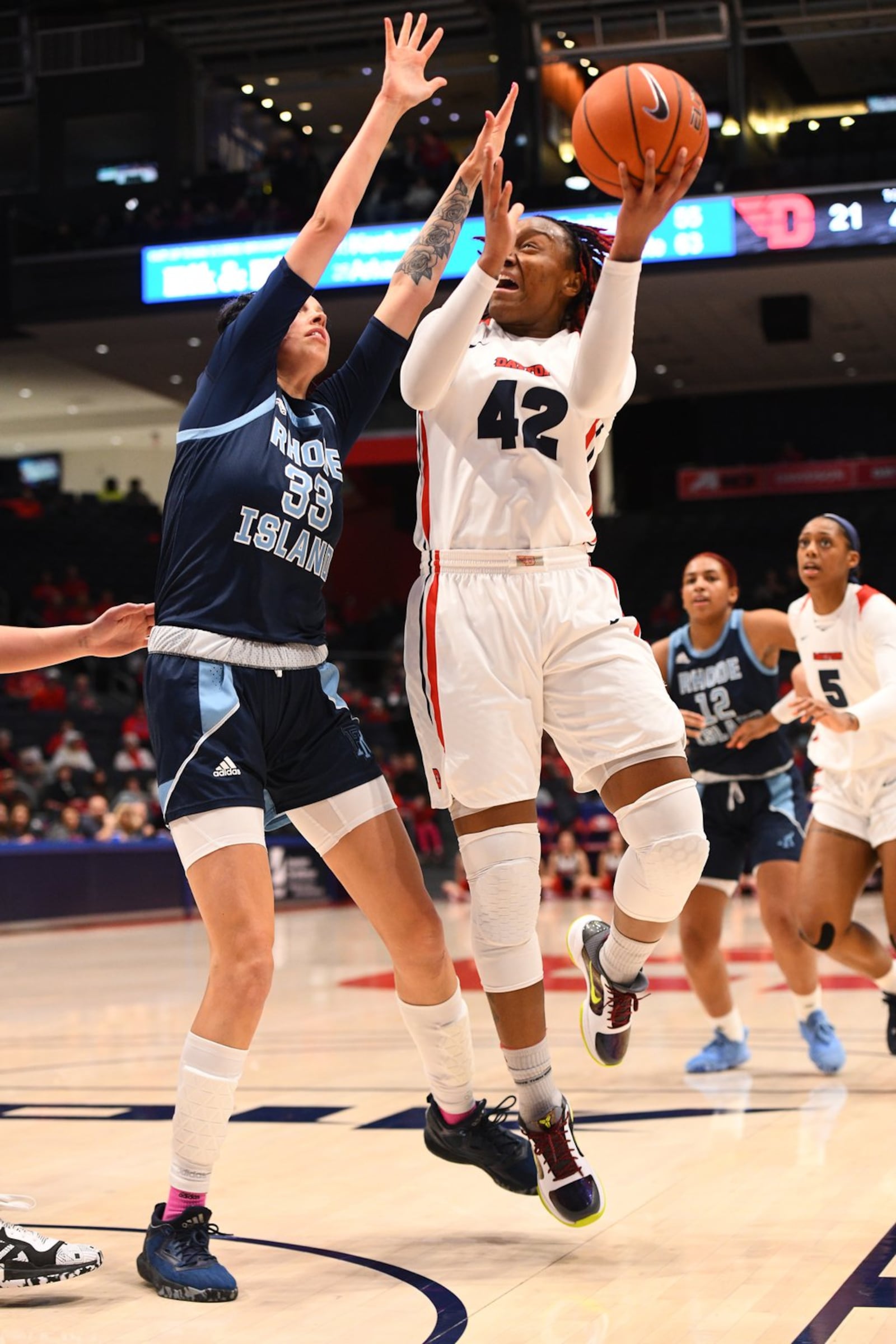 Dayton’s Jayla Scaife puts up a shot vs. Rhode Island earlier this season at UD Arena. Erik Schelkun/Dayton Athletics