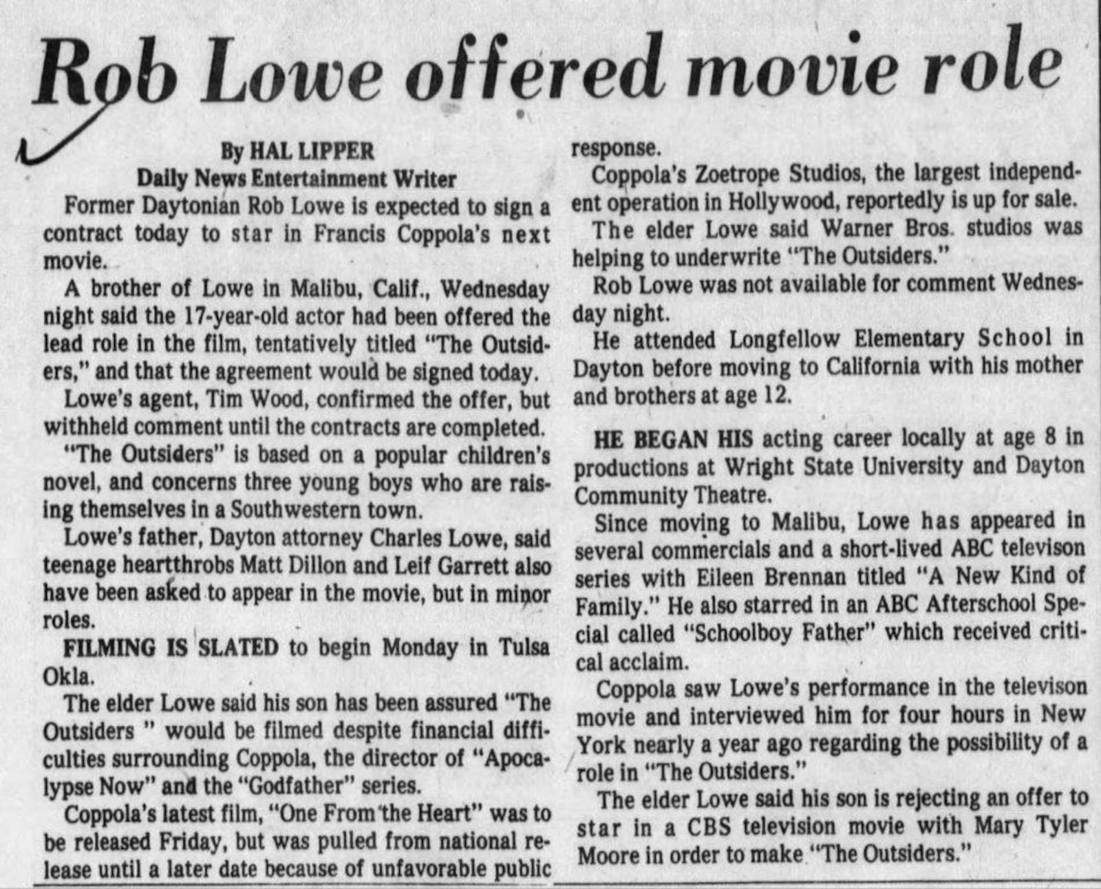 A story about Rob Lowe in the Dayton Daily News on March 11, 1982.