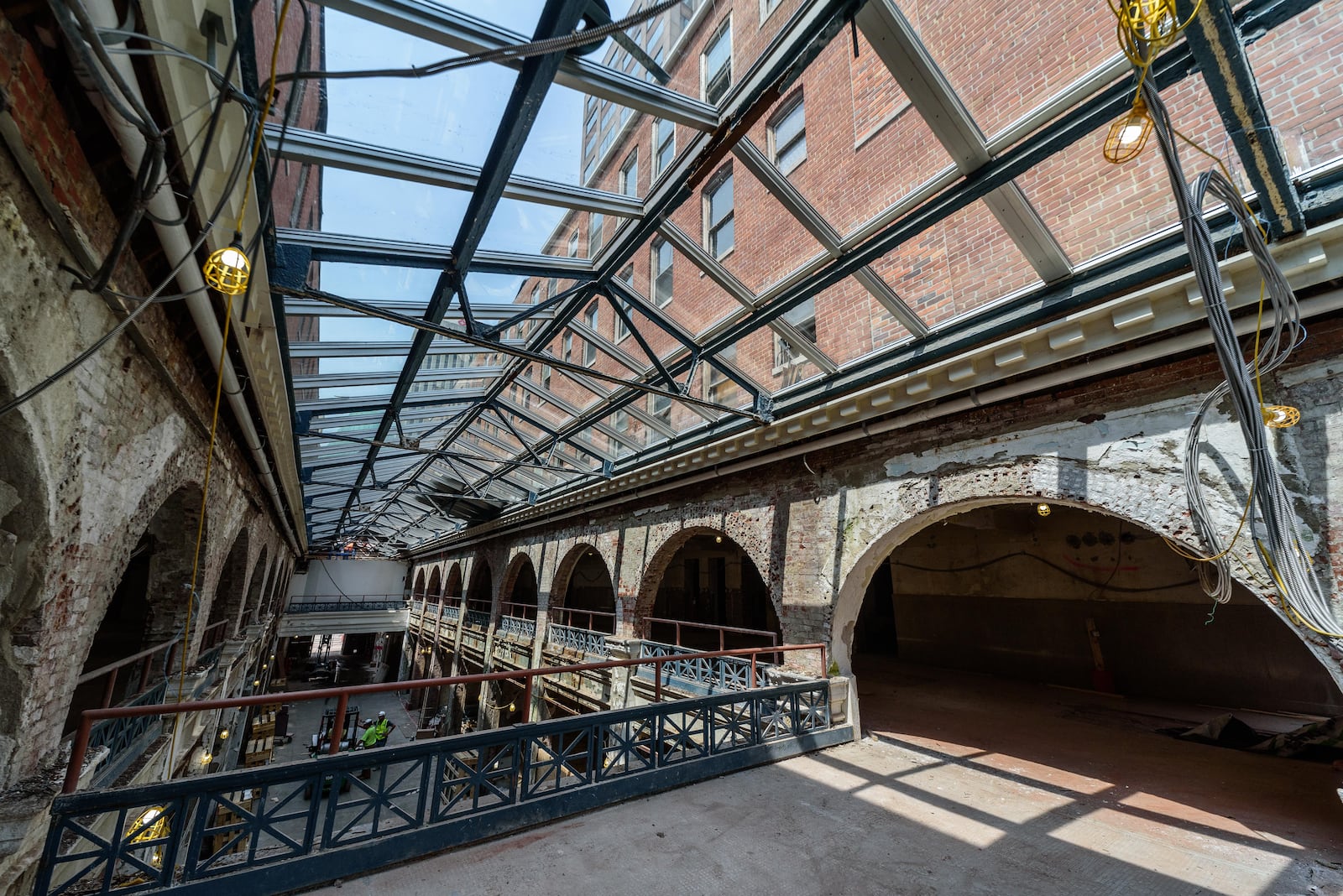 Here’s a look at construction progress of the Dayton Arcade’s North Arcade. Recent updates include a new roof, skylight glass and elevator shaft. The Dayton Arcade’s full development plan of nine buildings totaling over 500,000 square feet will recast the Arcade in much the same way it was initially developed in the first decade of the 20th century — with a mix of retail, offices, event space and housing. The second phase, the North Arcade, will include a marketplace retail and restaurant environment as well a 94-room Hilton Garden Inn opening in 2024. TOM GILLIAM / CONTRIBUTING PHOTOGRAPHER