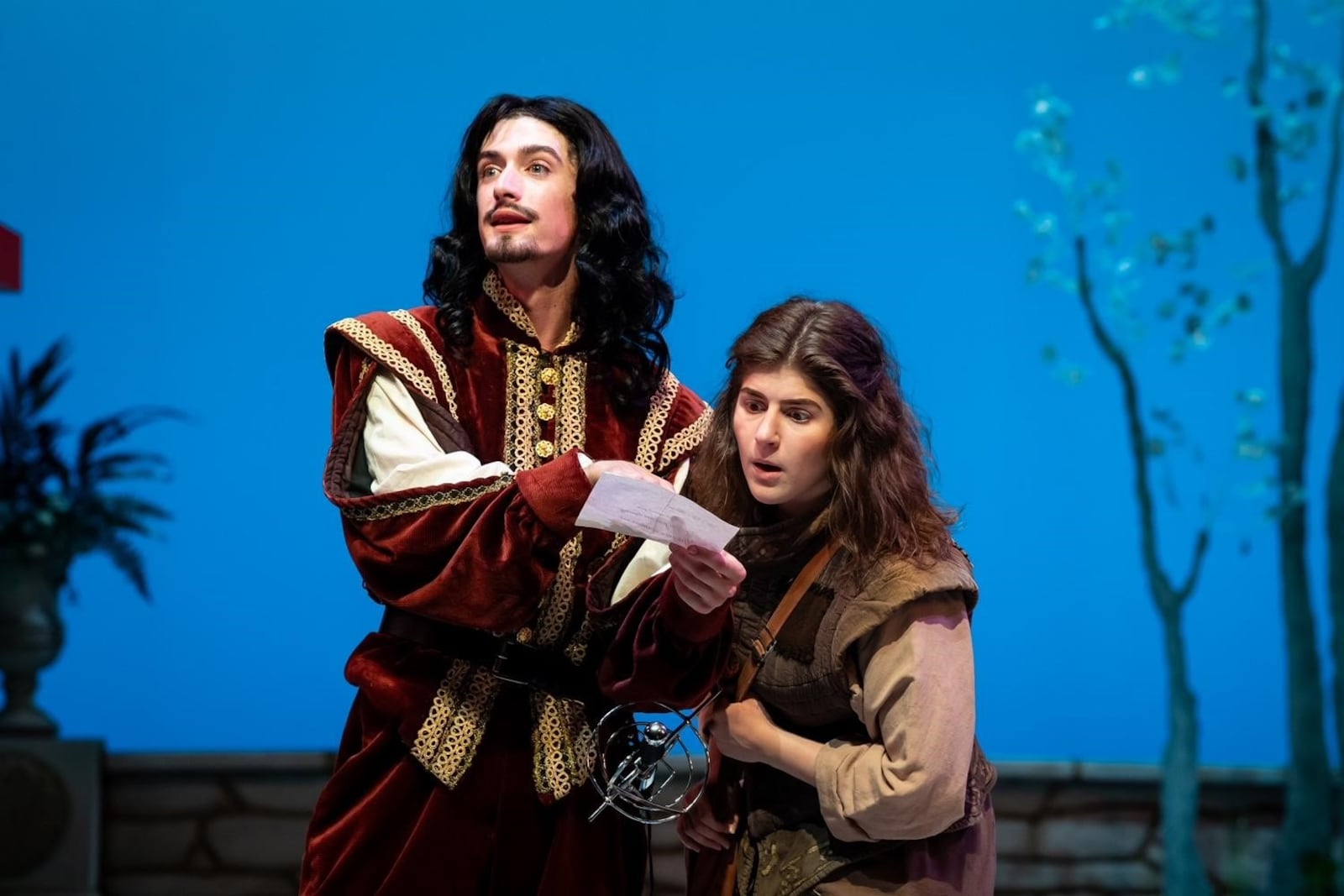 Aidan Fracker (left as Dorante) and Taylor Greny (Cliton) in Wright State University's production of "The Liar." PHOTO BY ERIN PENCE