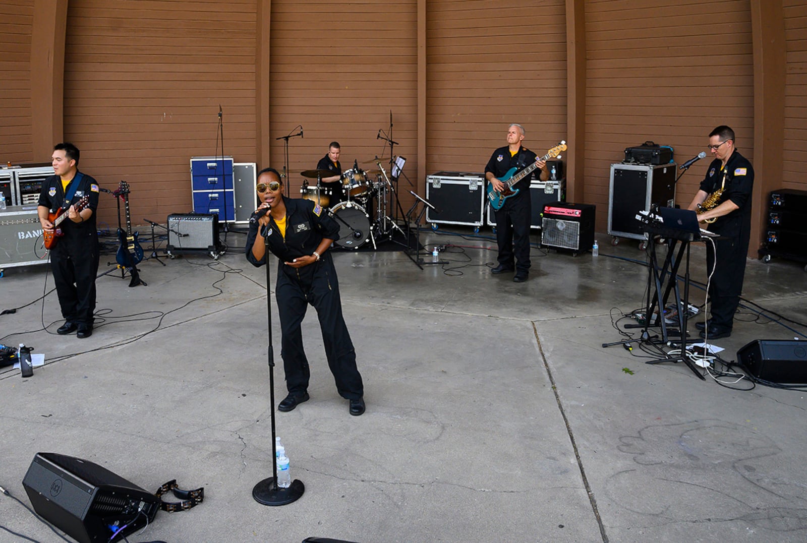 Flight One, the Air Force Band of Flight’s rock ensemble, performs Aug. 13 at Centerville Community Amphitheater in Stubbs Park during the city’s “Party in the Park” event. As part of its outreach mission, the band can perform at community-sponsored events as long as they’re free and open to the public. U.S. AIR FORCE PHOTO/R.J. ORIEZ