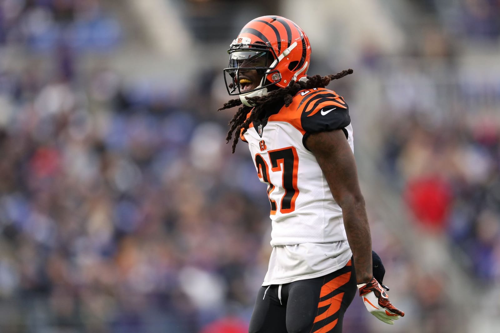 BALTIMORE, MD - NOVEMBER 18: Cornerback Dre Kirkpatrick #27 of the Cincinnati Bengals reacts after a play in the third quarter against the Baltimore Ravens at M&T Bank Stadium on November 18, 2018 in Baltimore, Maryland. (Photo by Patrick Smith/Getty Images)