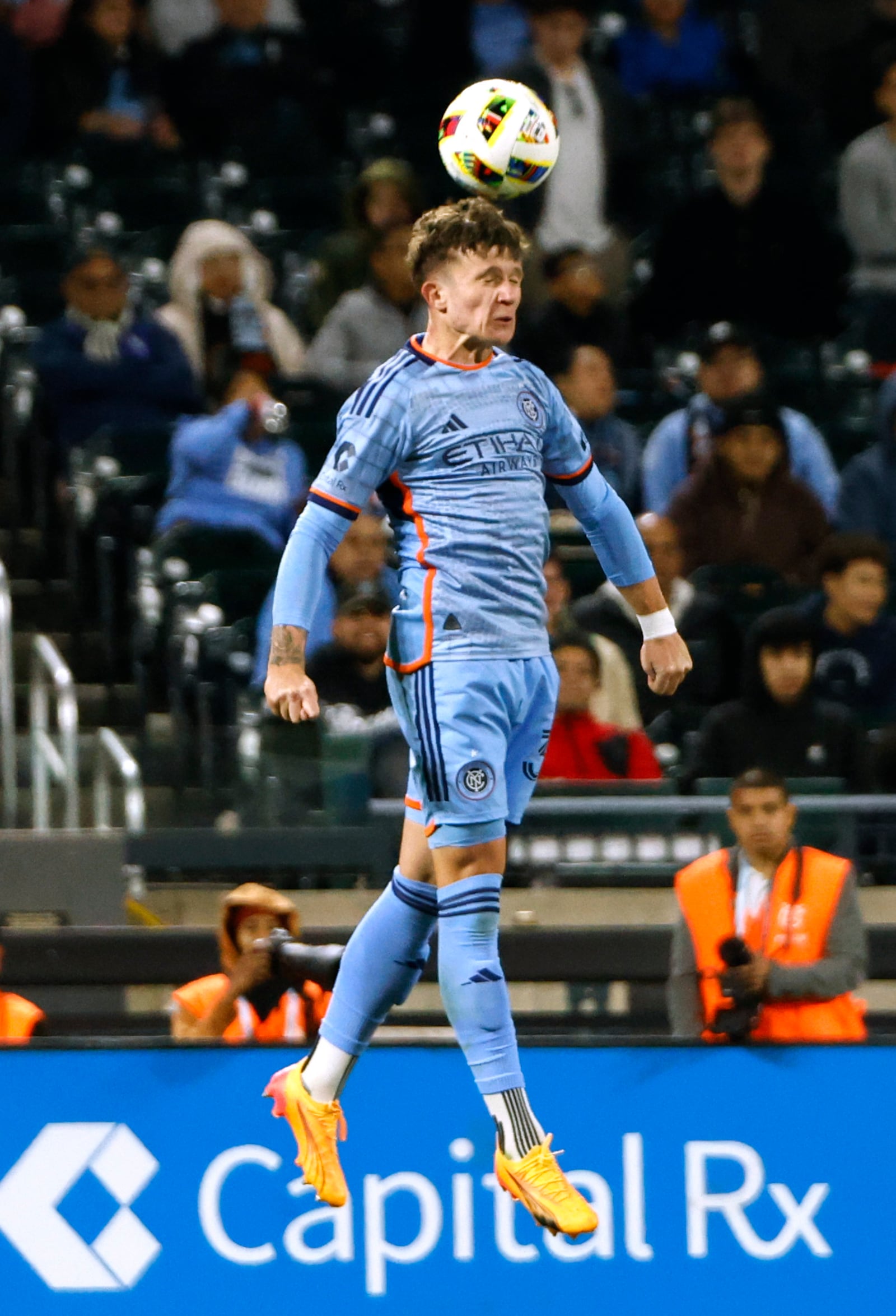 New York City FC Mitja Ilenič (35) heads the ball during a soccer match against FC Cincinnati in the MLS Cup playoffs, Saturday, Nov. 2, 2024, in New York. (AP Photo/Kena Betancur)