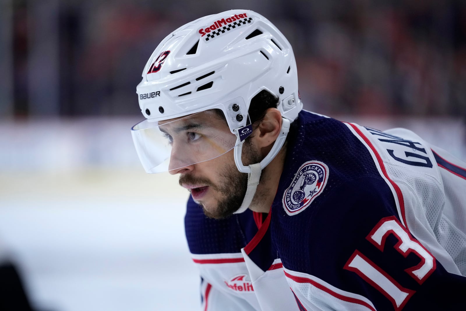 FILE - Columbus Blue Jackets' Johnny Gaudreau plays during an NHL hockey game, Jan. 4, 2024, in Philadelphia. (AP Photo/Matt Slocum, File)