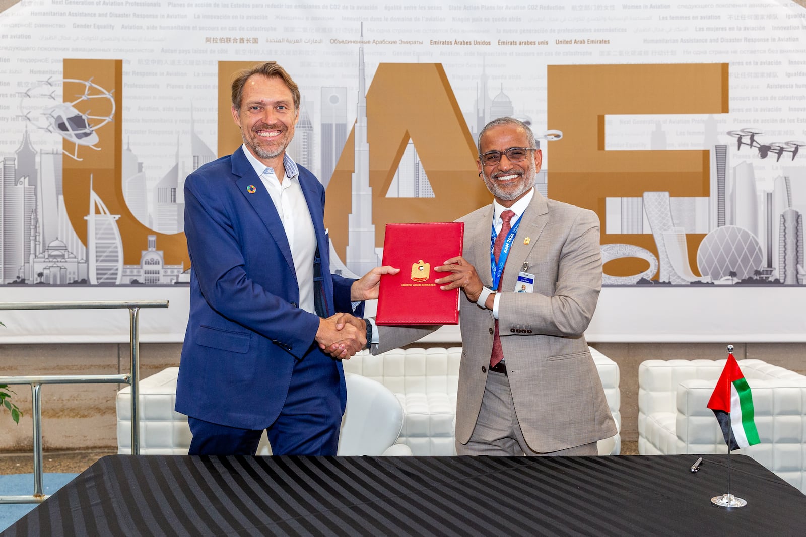 joeBen Bevirt, founder and chief executive of Joby, presents the company’s letter of intent to initiate Joby’s air operator certificate application to Saif Mohammed Al Suwaidi, director General of the UAE General Civil Aviation Authority. Christina Esteban Photography