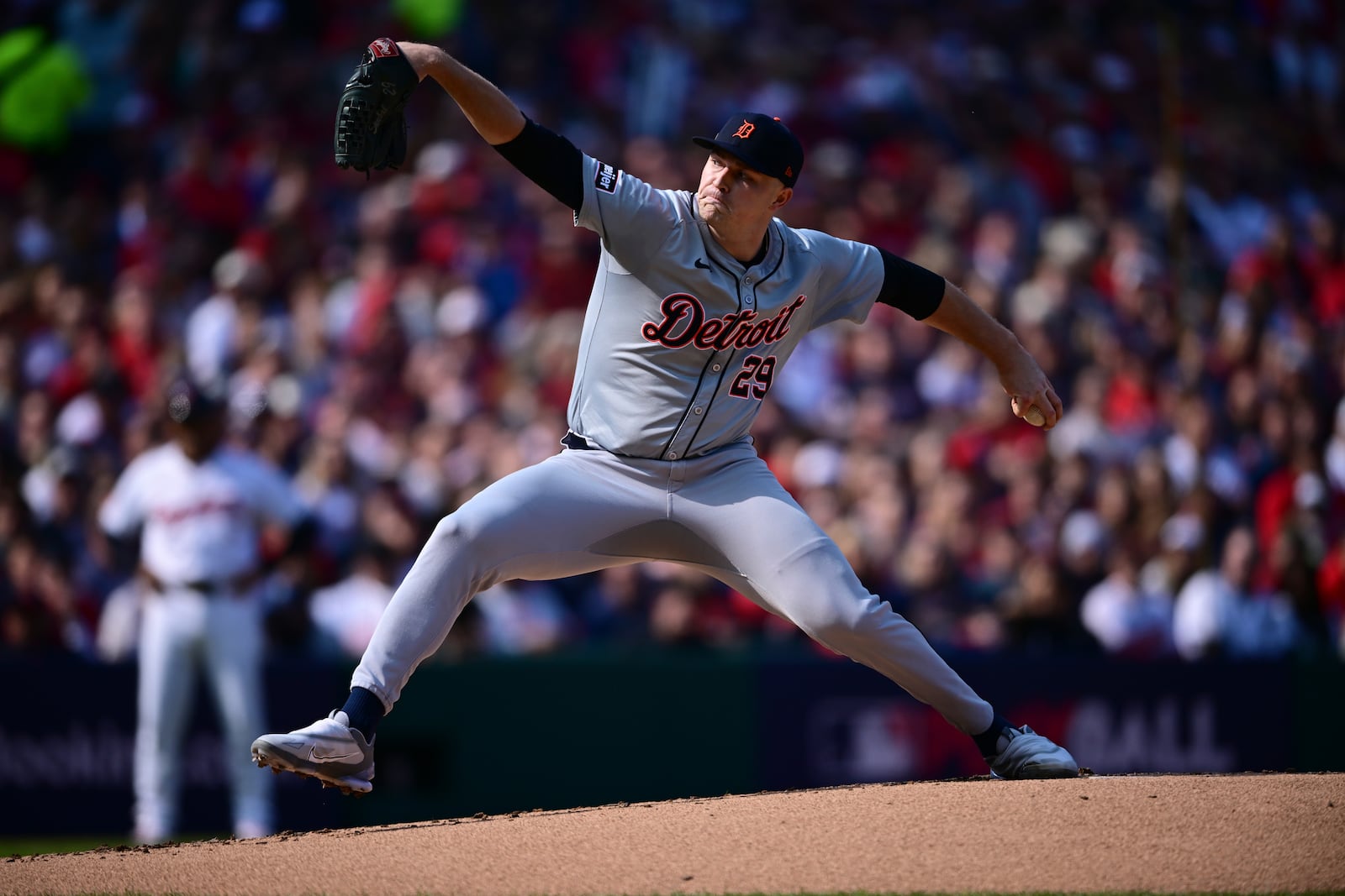 Detroit Tigers' Tarik Skubal pitches in the first inning during Game 5 of baseball's American League Division Series against the Cleveland Guardians, Saturday, Oct. 12, 2024, in Cleveland. (AP Photo/David Dermer)