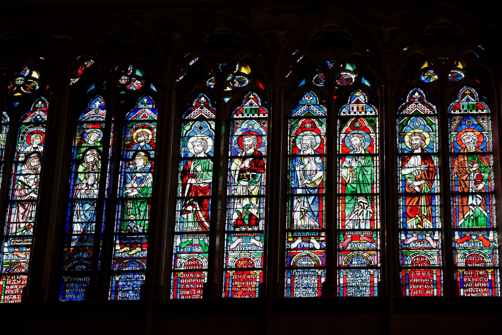 Stained glass windows are seen inside Notre-Dame de Paris cathedral while French President Emmanuel Macron visits the restored interiors of the monument, Friday Nov. 29, 2024, in Paris. (Stephane de Sakutin, Pool via AP)