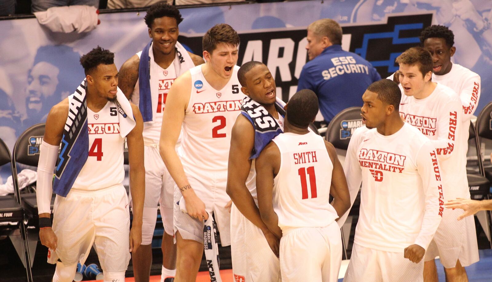 The Dayton Flyers lead the Wichita State Shockers 29-27 at halftime of their first-round NCAA tournament game in Indianapolis. David Jablonski/Staff