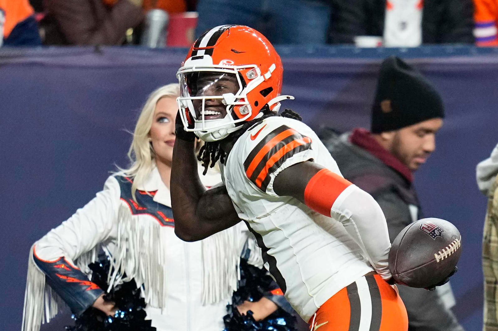 Cleveland Browns wide receiver Jerry Jeudy reacts after his successful 2-point conversion during the second half of an NFL football game against the Denver Broncos, Monday, Dec. 2, 2024, in Denver. (AP Photo/Jack Dempsey)