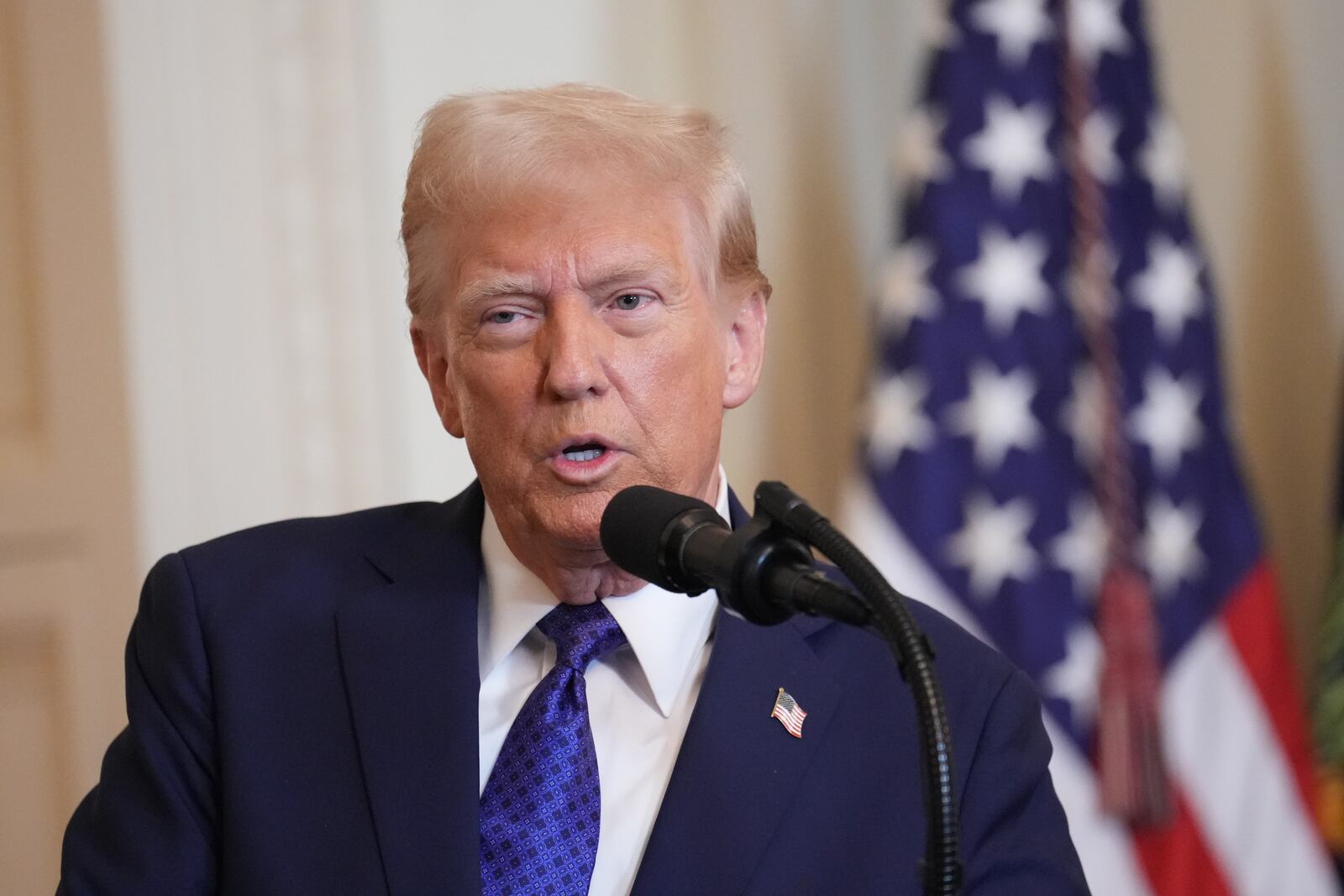 
                        President Donald Trump speaks during a signing ceremony for the Laken Riley Act in the East Room of the White House in Washington, on Wednesday, Jan. 29, 2025.  The act directs the authorities to detain and deport immigrants who are accused — not yet convicted — of specific crimes, if they are in the country illegally. (Doug Mills/The New York Times)
                      