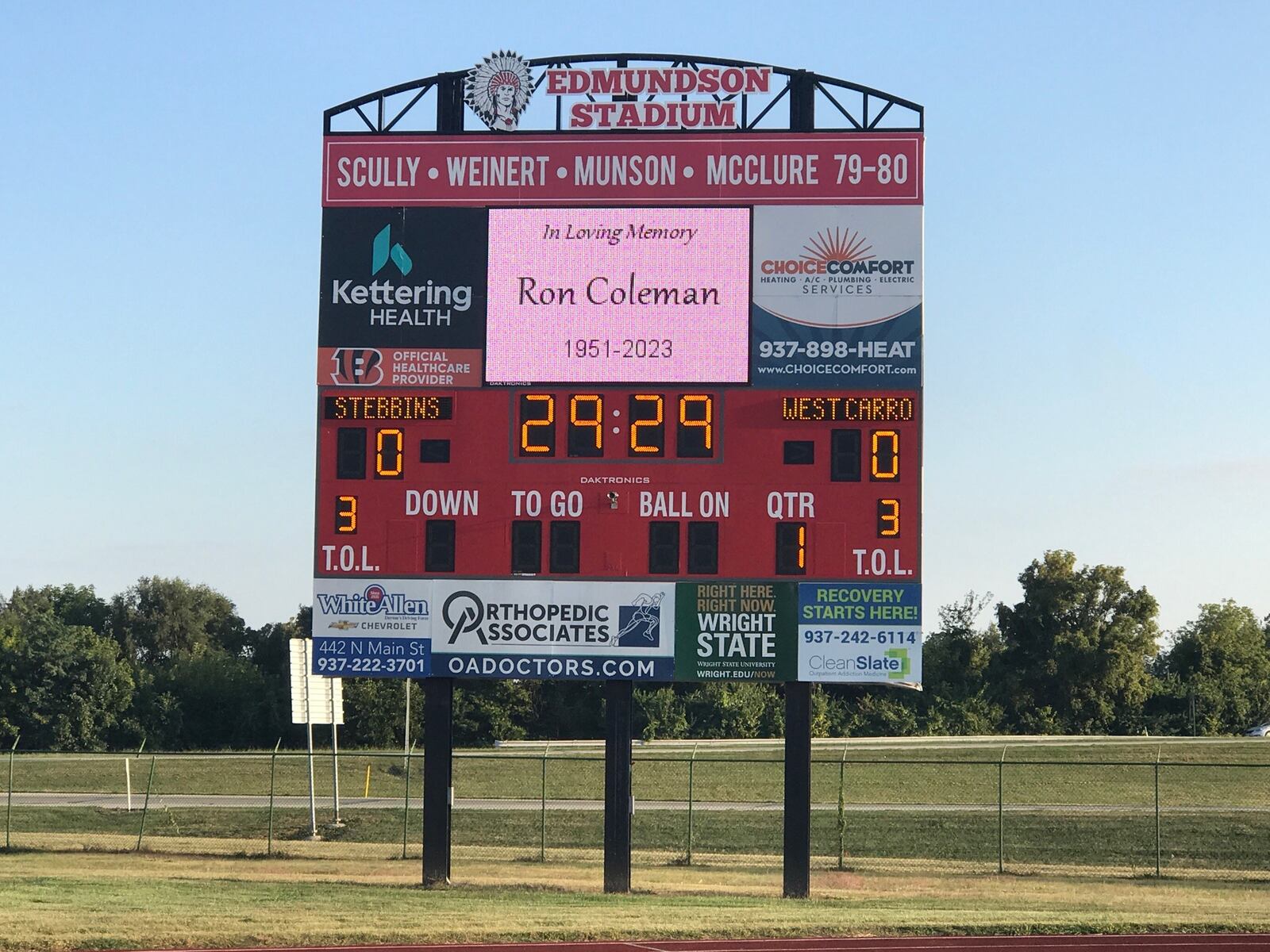 A tribute to Ron Coleman on the scoreboard at Edmundson Stadium Friday night during Stebbins High’s game with visiting West Carrollton. Coleman, a longtime teacher and coach at Stebbins, died Thursday at age 72. He previously coached at Middletown , Bellbrook and Central State. Tom Archdeacon/CONTRIBUTED