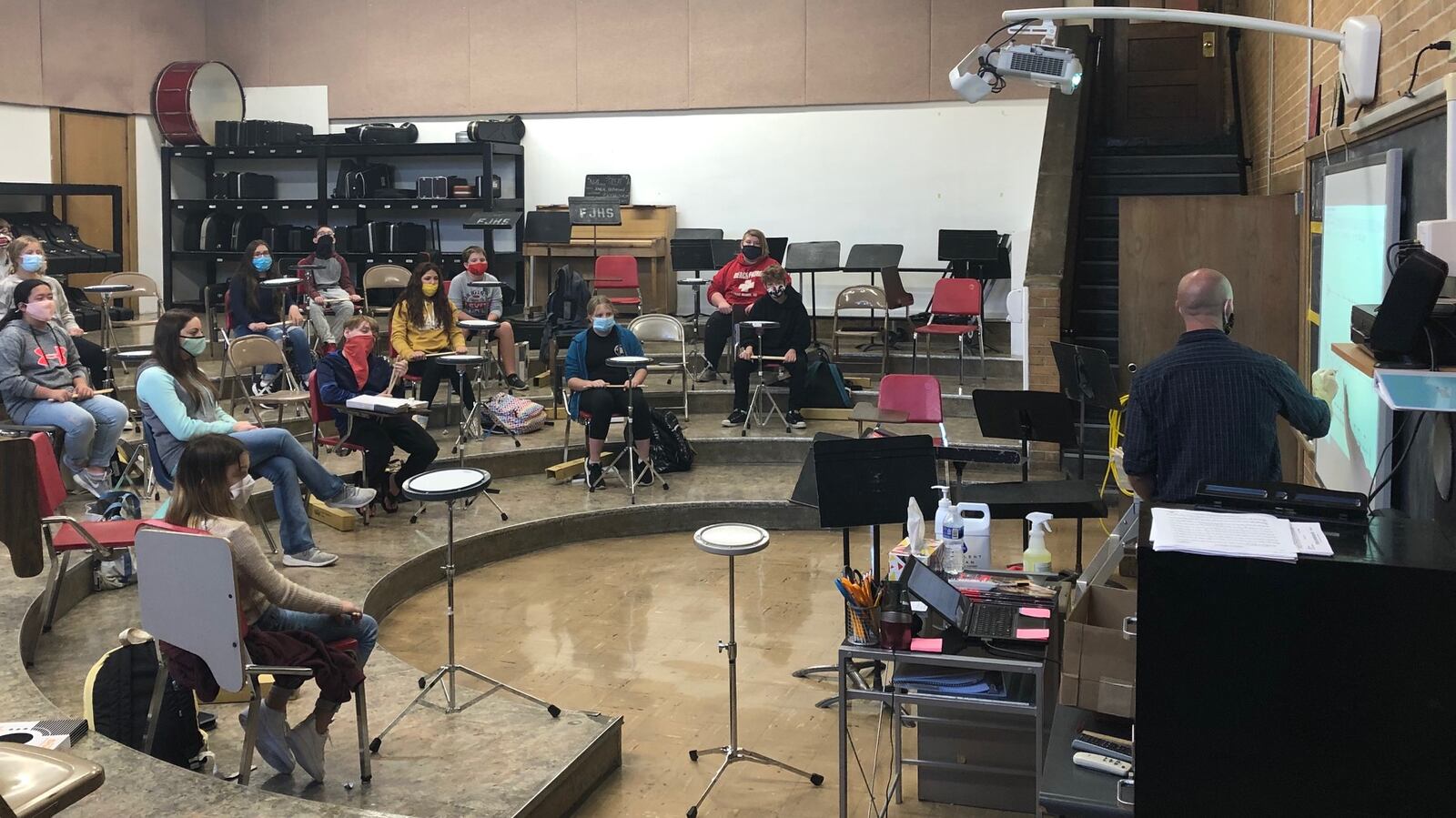 Students take music class in what was once a gym at the 99-year-old Franklin Junior High School. Franklin voters will decide this fall whether to support a ballot issue to build new schools.