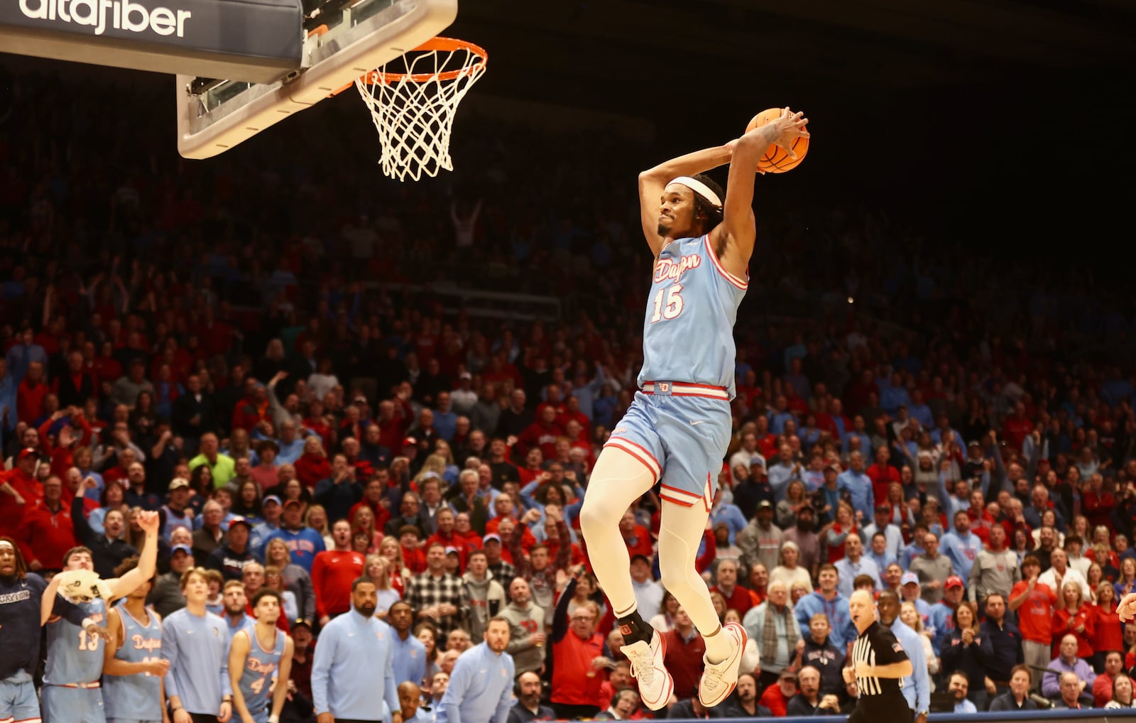 Dayton's DaRon Holmes II dunks against Saint Louis on Tuesday, Jan. 16, 2024, at UD Arena. David Jablonski/Staff