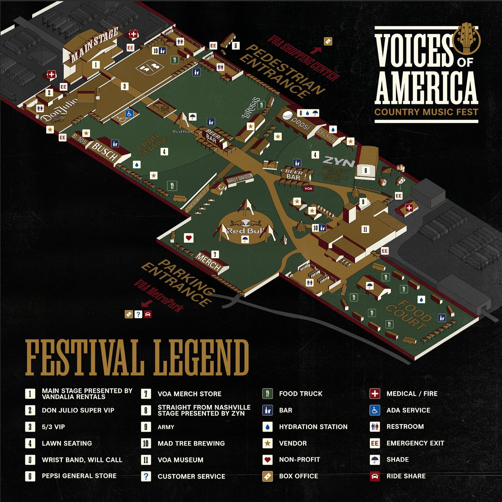 This is the legend for the 2023 Voices of America Country Music Fest, slated for Aug. 10-13, 2023 at the Voice of America property in West Chester Twp. CONTRIBUTED/VOA COUNTRY FEST