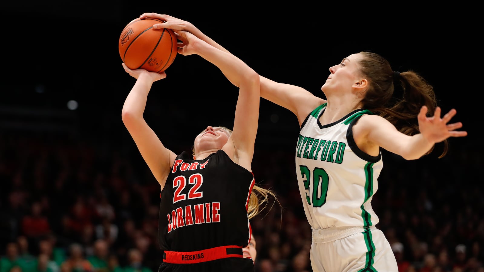 Waterford High School's Avery Wagner blocks a shot during their Division IV state championship game against Fort Loramie at UD Arena last season. Michael Cooper/CONTRIBUTED