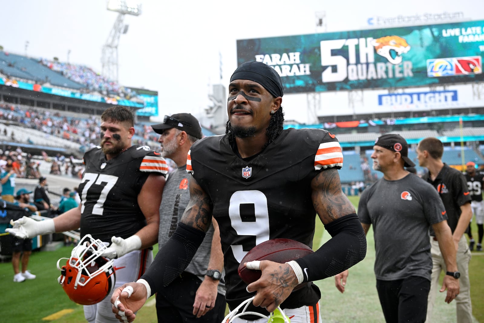 FILE - Cleveland Browns safety Grant Delpit (9) and guard Wyatt Teller (77) leave the field after a win against the Jacksonville Jaguars in an NFL football game, Sunday, Sept. 15, 2024, in Jacksonville, Fla. (AP Photo/Phelan M. Ebenhack, File)