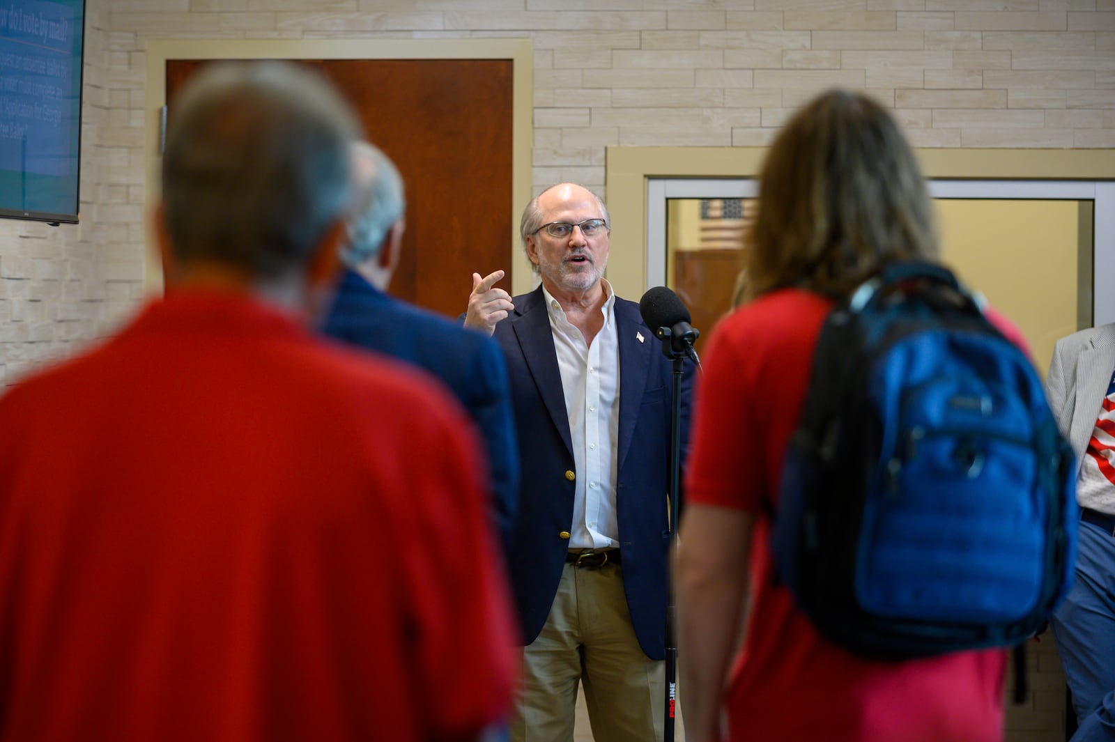 EagleAI CEO Rick Richards presents his program to find duplicate voter registrations at the Forsyth County Voter Registrar in Cumming, Ga., June 28, 2024. (Jamie Spaar/Atlanta Journal-Constitution via AP)