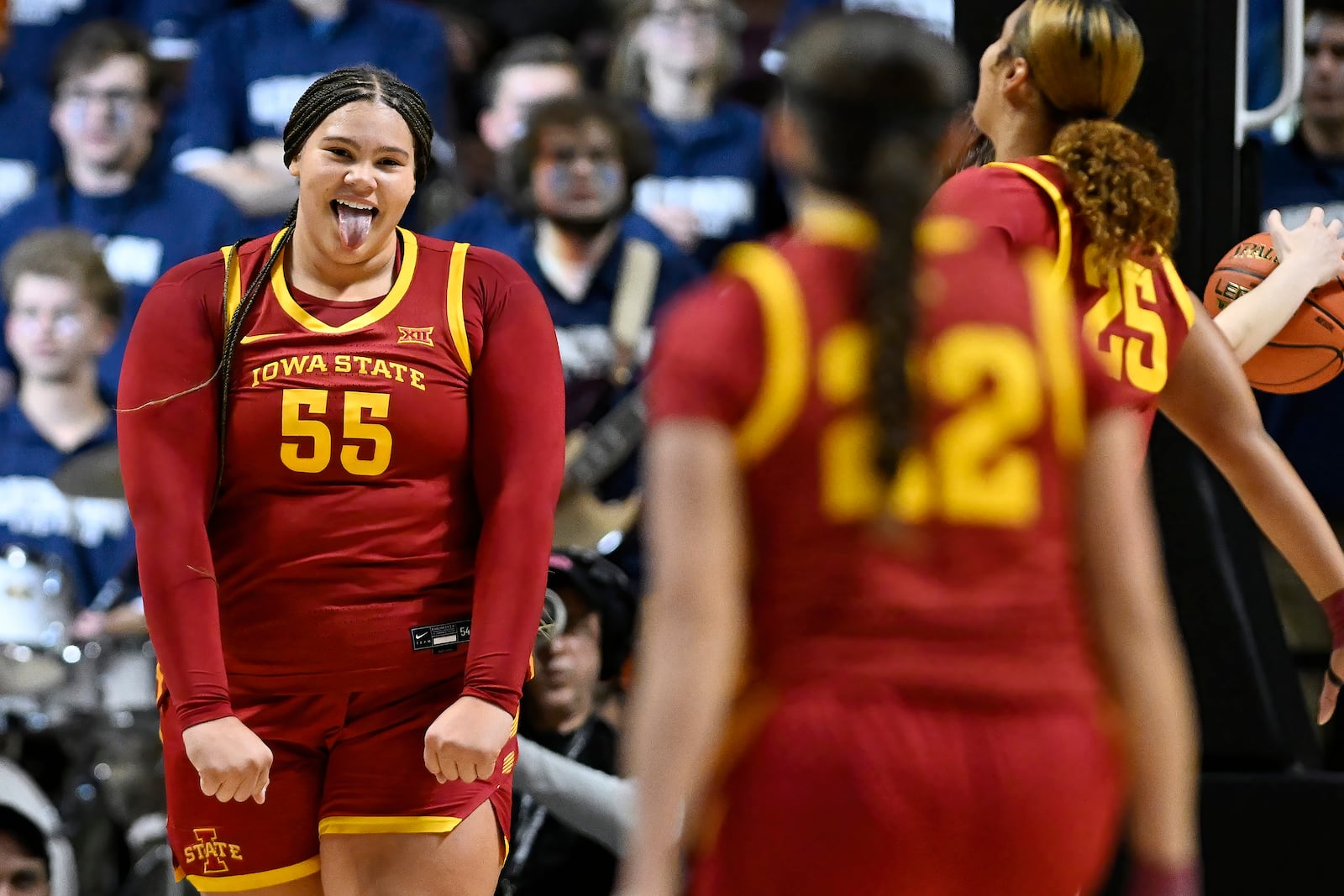 Iowa State center Audi Crooks (55) reacts toward her teammates in the first half of an NCAA college basketball game against UConn, Tuesday, Dec. 17, 2024, in Uncasville, Conn. (AP Photo/Jessica Hill)