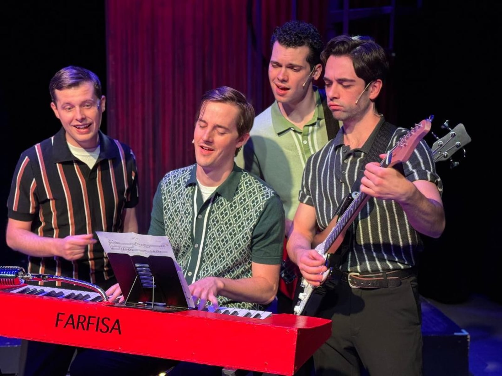 From left: Derrick Bertram (Frankie Valli), Jonathan Wilson (Bob Gaudio), Kyle Brace (Nick Massi) and Jordan Thomas Burnett (Tommy DeVito) in La Comedia Dinner Theatre's production of "Jersey Boys." Photo courtesy of Justin Walton