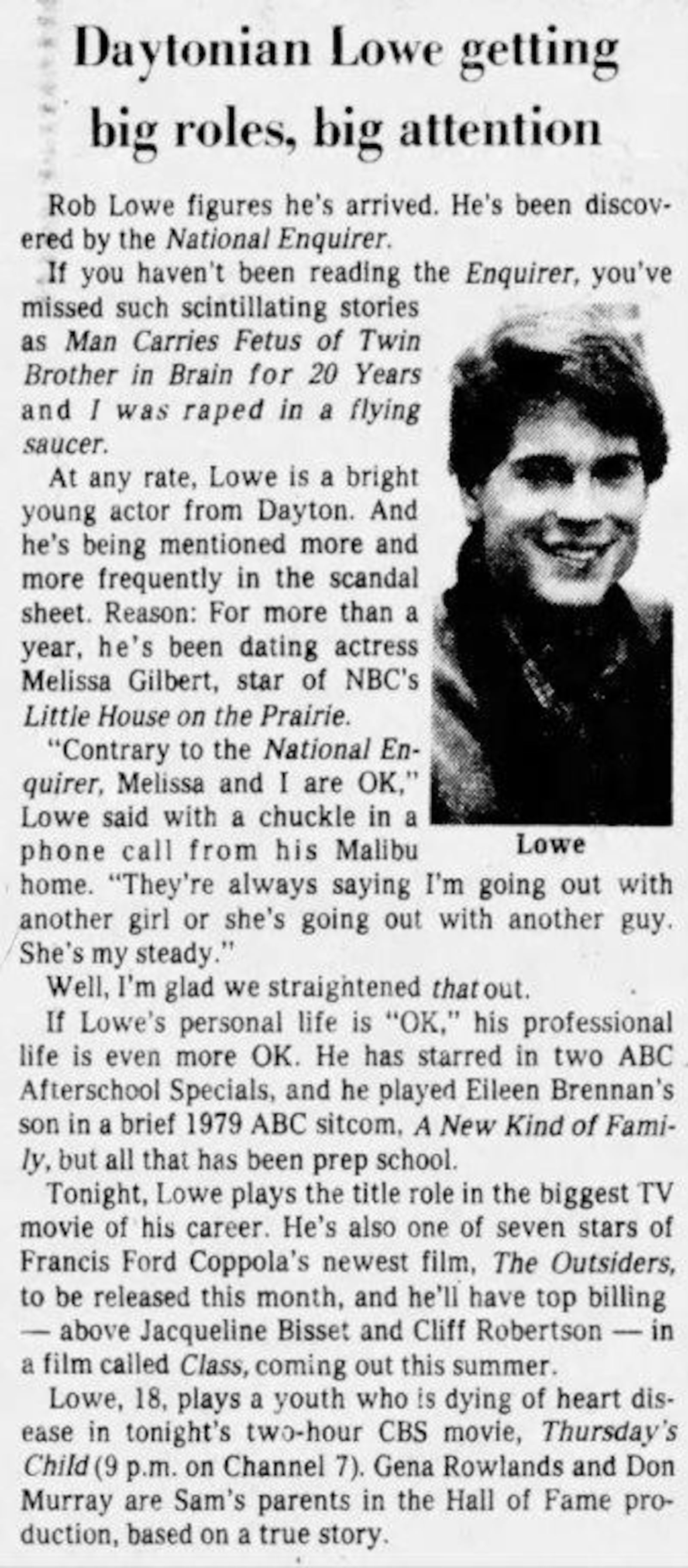 A story about Rob Lowe in the Dayton Daily News on Feb. 1, 1983.