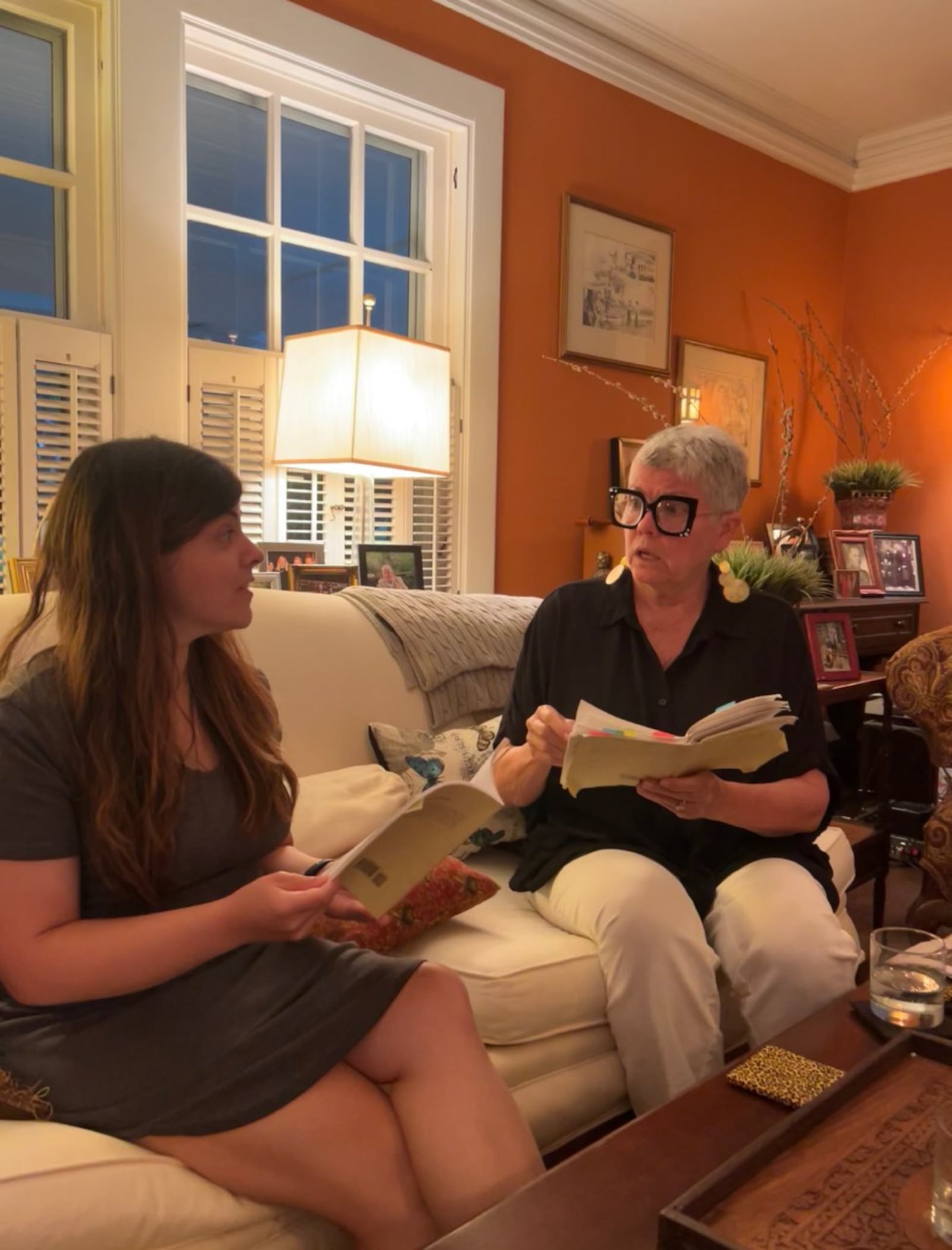 Jenny Westfall (left) and Pam McGinnis rehearse for “The Interview” to be performed  Sept. 18 at Beth Jacob Synagogue. CONTRIBUTED