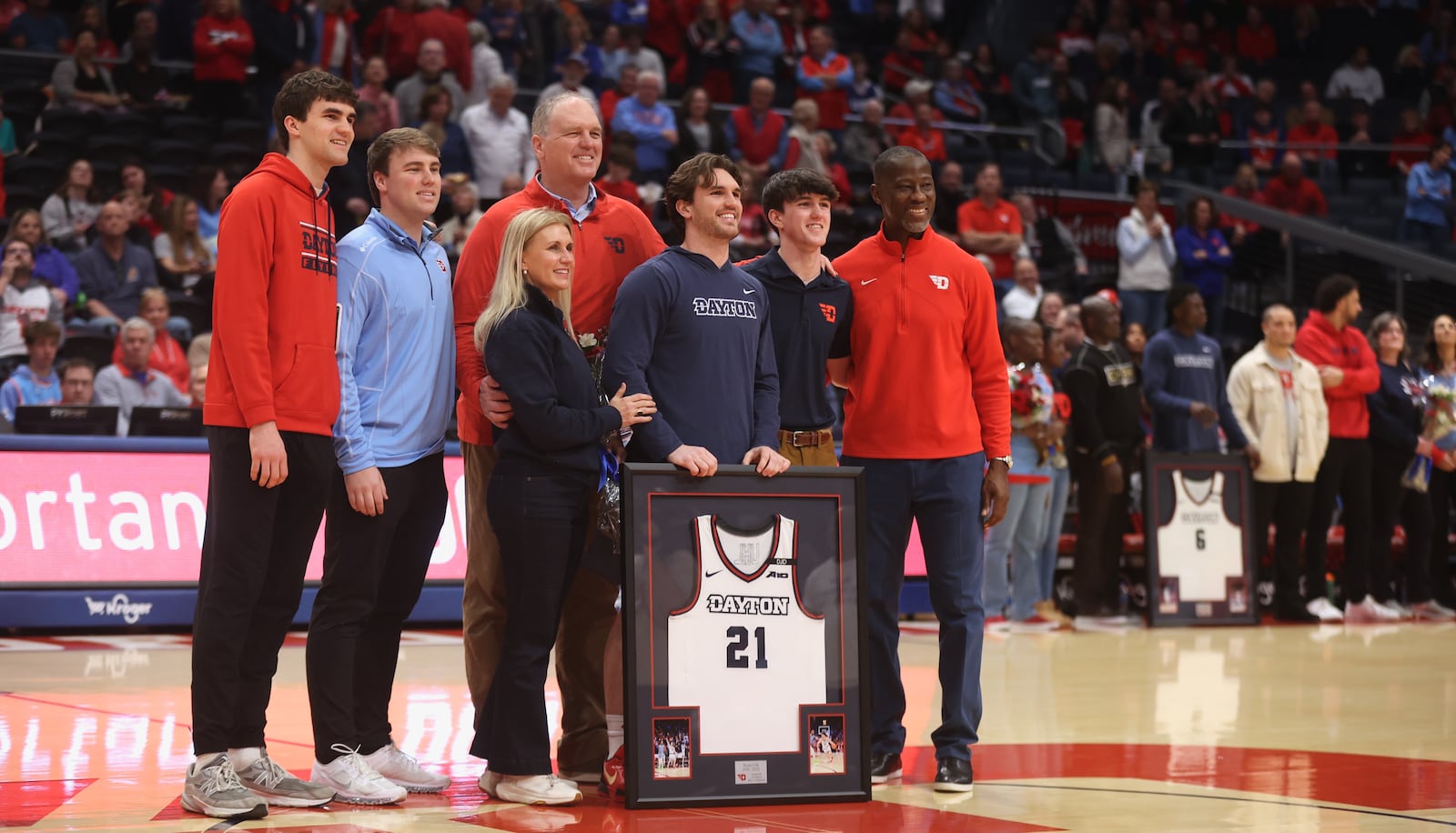 Dayton's Brady Uhl is honored on Senior Day before a game against Richmond on Saturday, March 1 2025, at UD Arena. David Jablonski/Staff