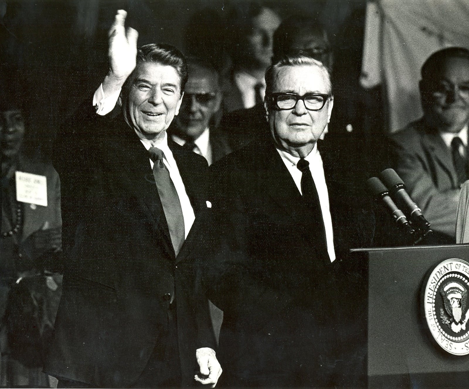 President Ronald Reagan was introduced at Courthouse Square in Oct. 1984 by former Ohio Gov. James Rhodes. DAYTON DAILY NEWS ARCHIVE