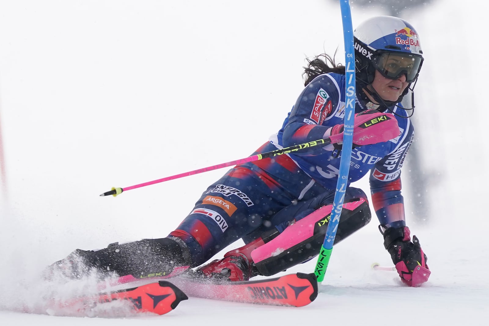 Croatia's Zrinka Ljutic speeds down the course during an alpine ski, women's World Cup slalom, in Sestriere, Italy, Sunday, Feb. 23, 2025. (AP Photo/Piermarco Tacca)