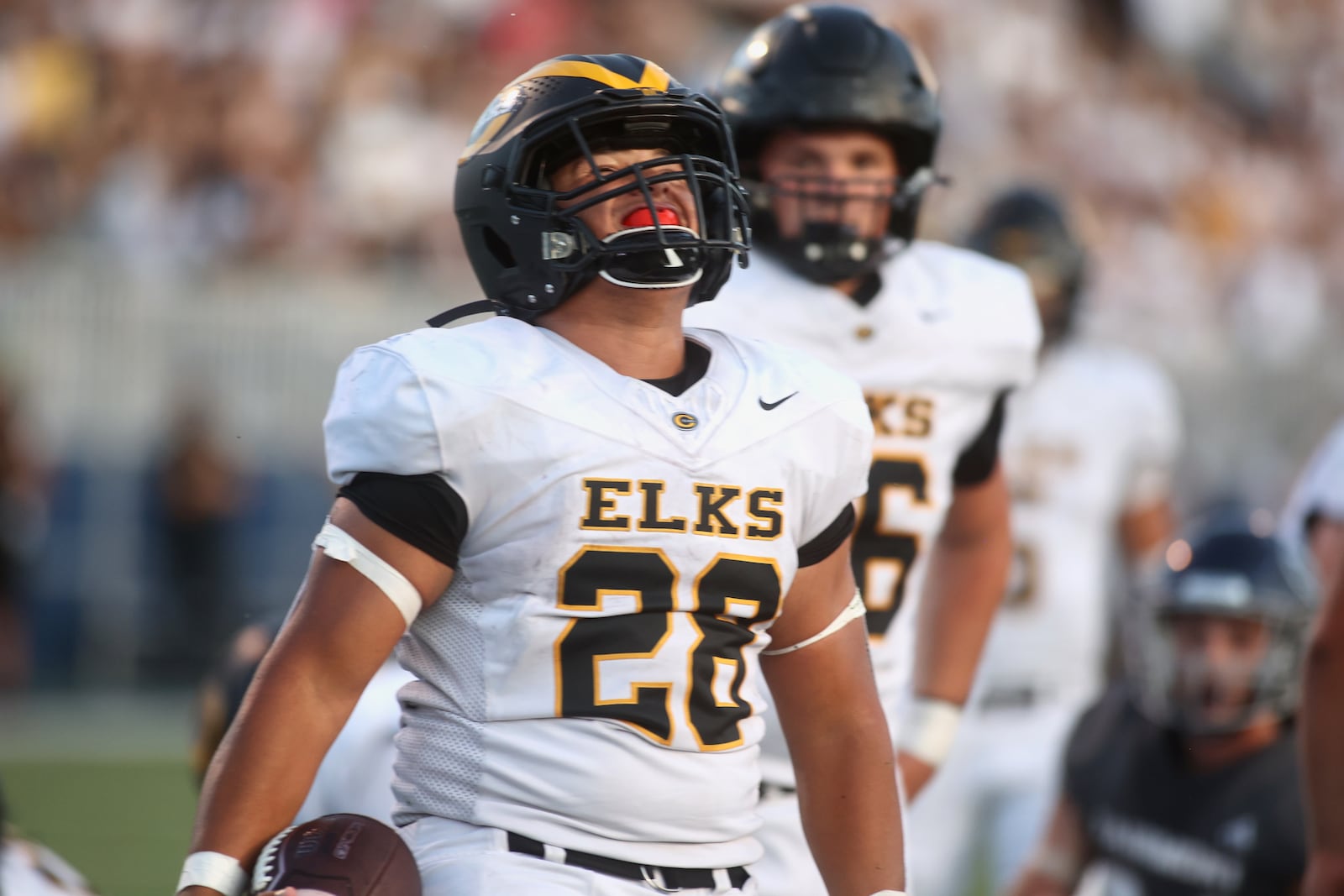 Centerville's Parker Johnson celebrates after a touchdown run against Fairmont on Friday, Sept. 13, 2024, at Roush Stadium. David Jablonski/Staff