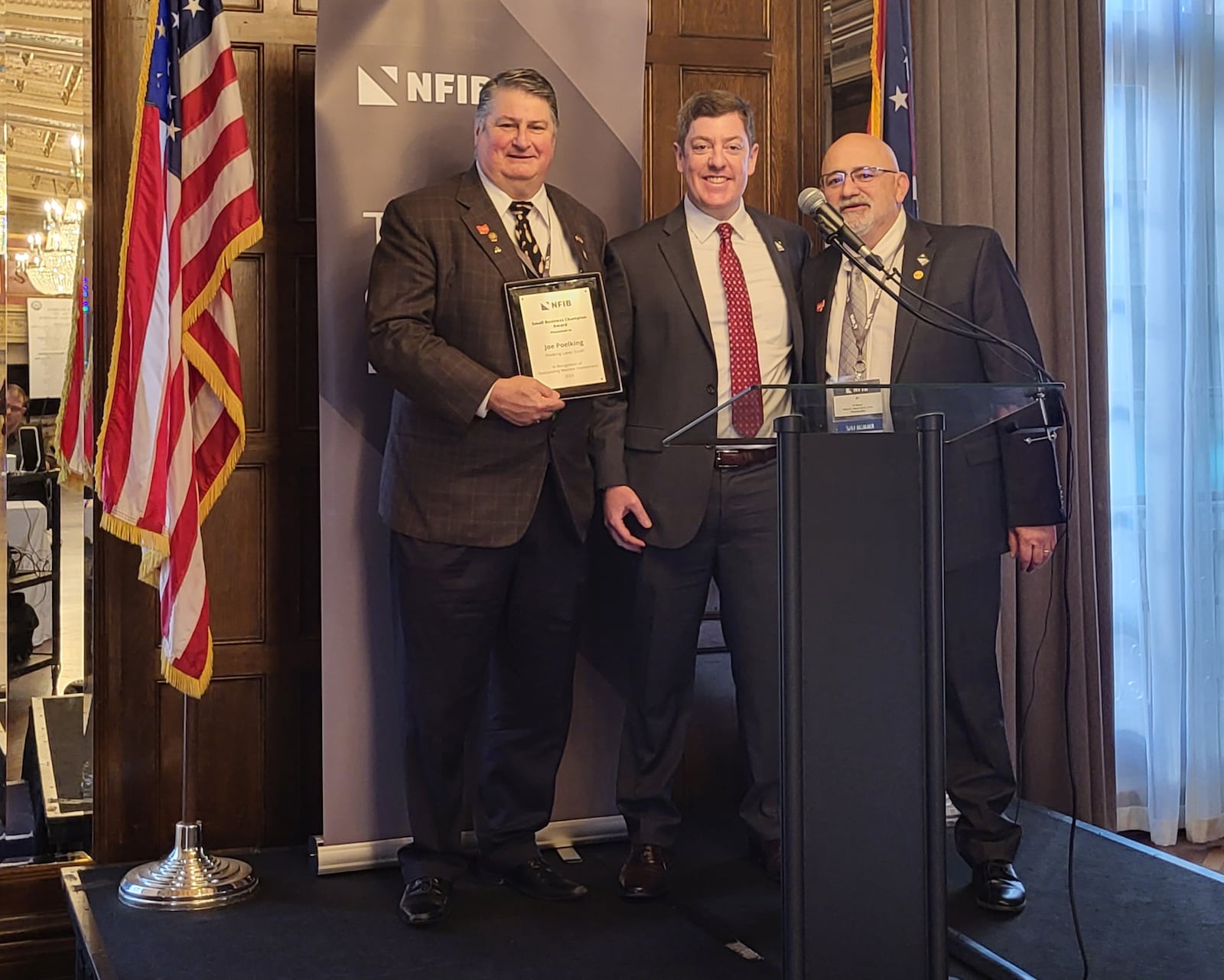 Joe Poelking was named NFIB Ohio's 2023 Small Business Champion for Ohio for being a strong advocate for Main Street businesses at NFIB’s Small Business Day at the Capitol Wednesday, May 17, 2023. Presenting the award are NFIB State Director Chris Ferruso (center) and NFIB Ohio Leadership Council Chairman Albert Macre (right). CONTRIBUTED