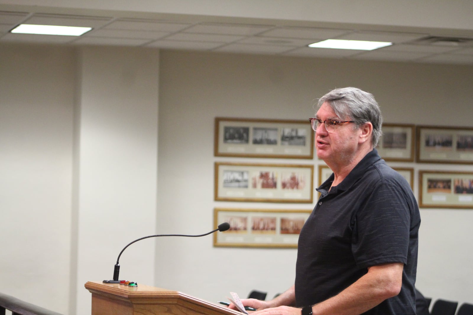 Mark Manovich, president of Historic South Park Inc., shares his concerns about traffic and public safety along Wayne Avenue at a Dayton City Commission meeting on Wednesday, Aug. 30, 2023. CORNELIUS FROLIK / STAFF