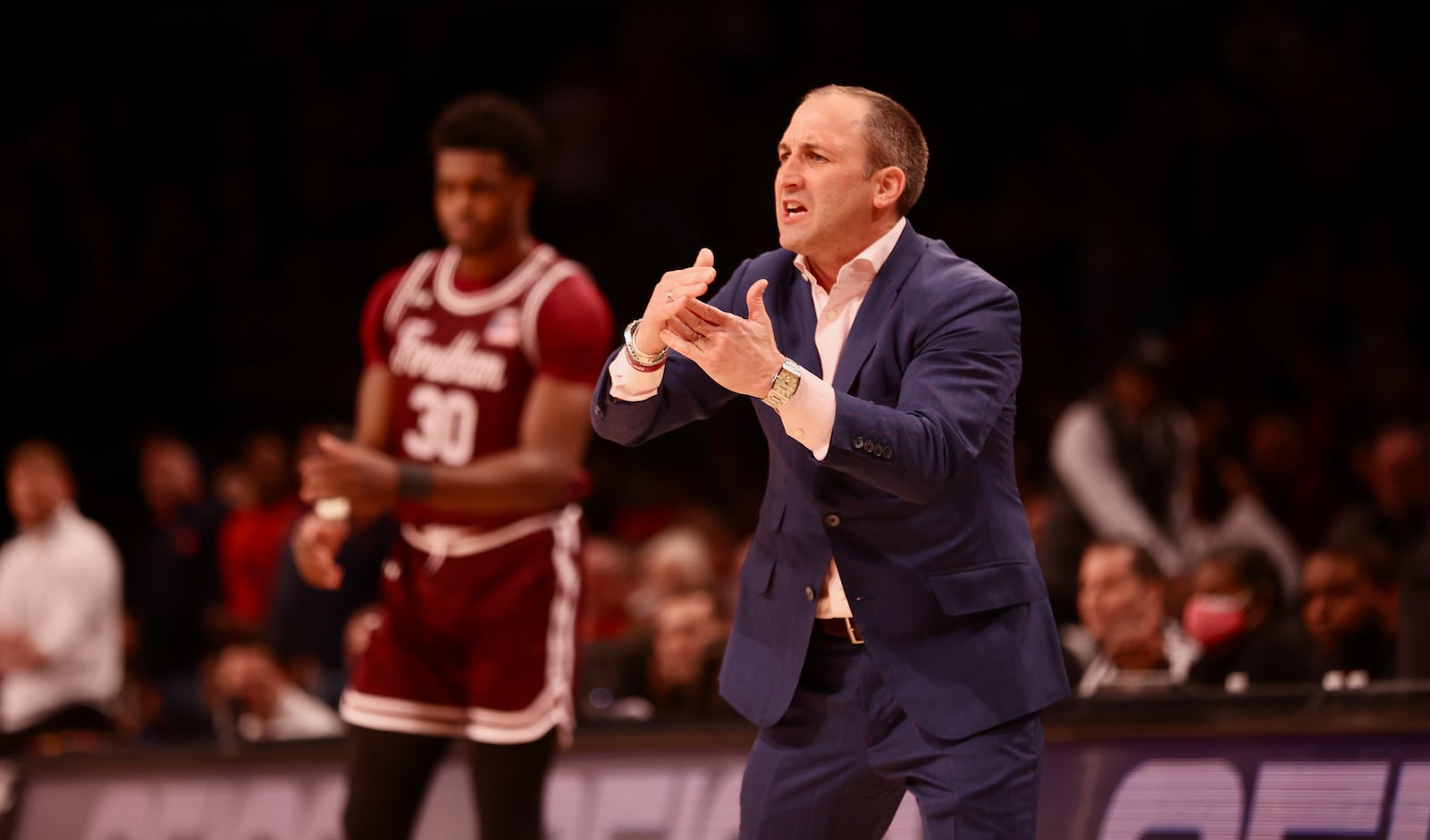 Fordham coach Keith Urgo reacts to a play in the semifinals of the Atlantic 10 Conference tournament on Saturday, March 11, 2023, at the Barclays Center in Brooklyn, N.Y. David Jablonski/Staff