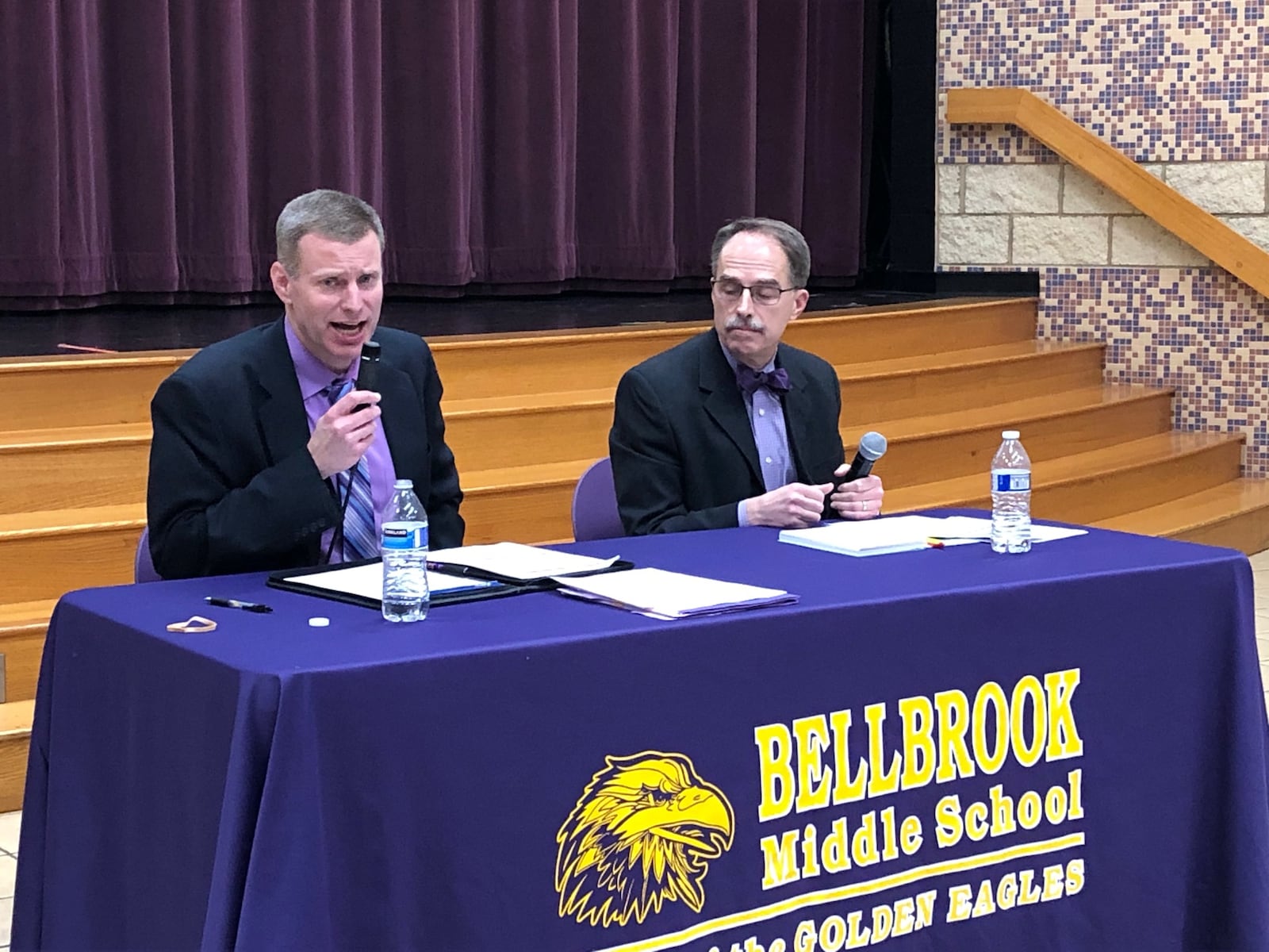 Bellbrook schools Superintendent Doug Cozad (left) and David Carpenter answer residents’ school levy questions at a community meeting Monday, Feb. 3, 2020 at Bellbrook Middle School. JEREMY P. KELLEY / STAFF