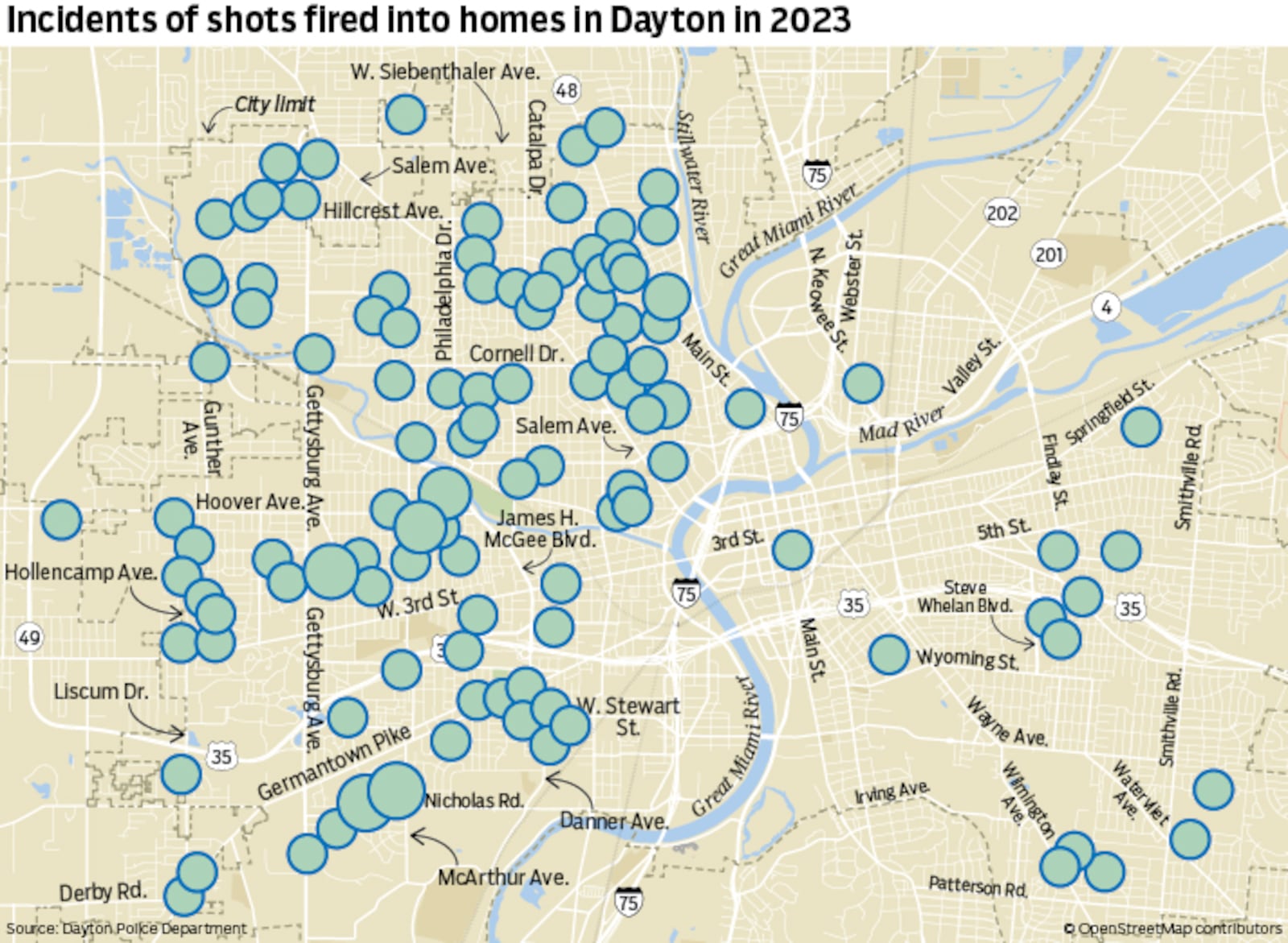 A map of incidents of shots fired into homes in Dayton in 2023. CONTRIBUTED