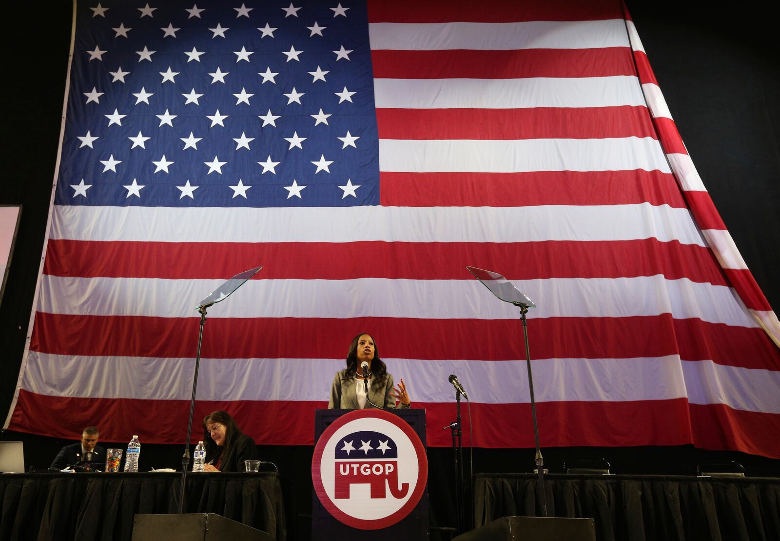 FILE - Utah U.S. Congresswoman Mia Love speaks at the Utah Republican 2018 nominating convention, April 21, 2018, in West Valley City, Utah. (AP Photo/George Frey, File)