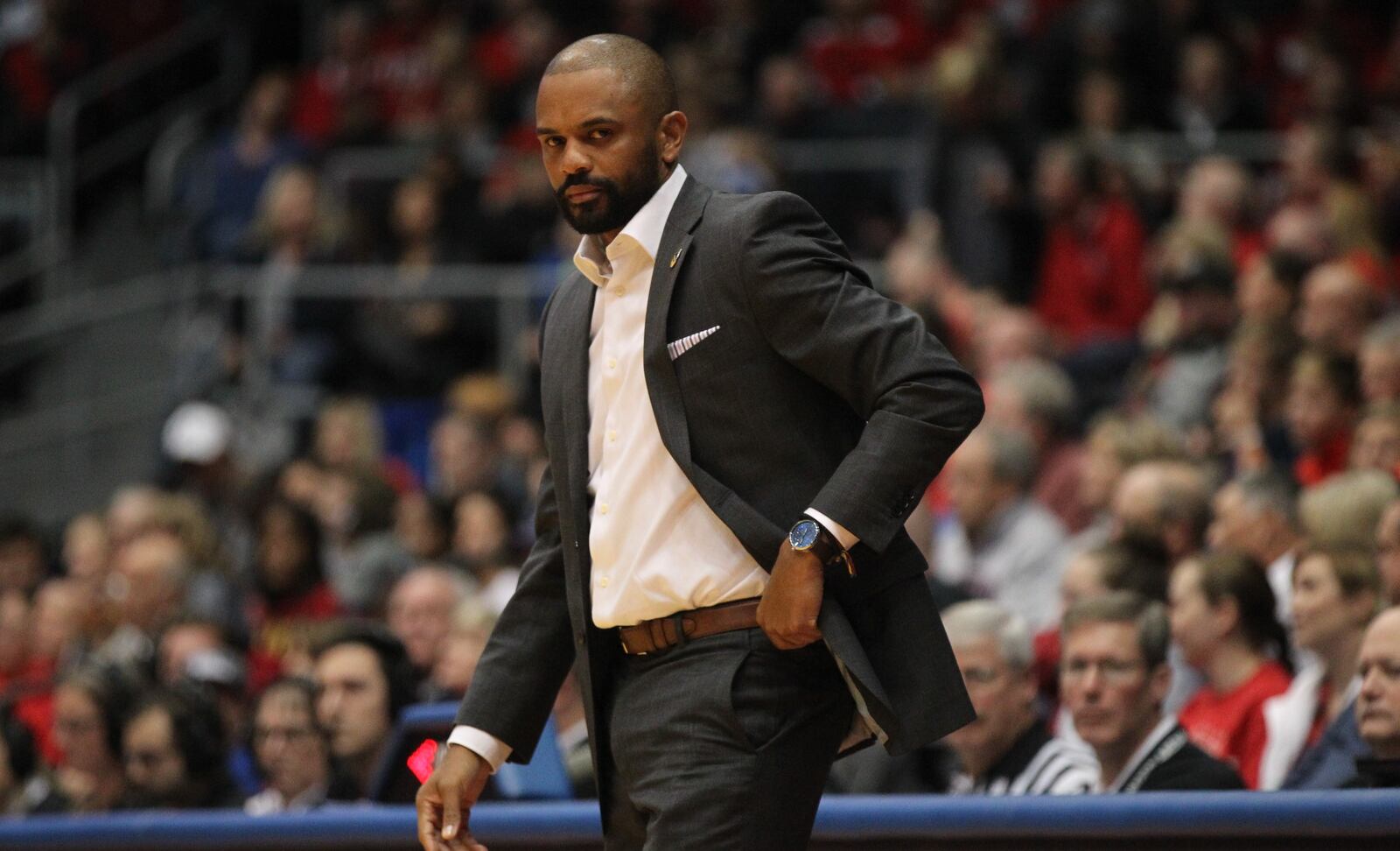 Coppin State’s Juan Dixon coaches against Dayton on Saturday, Nov. 10, 2018, at UD Arena.