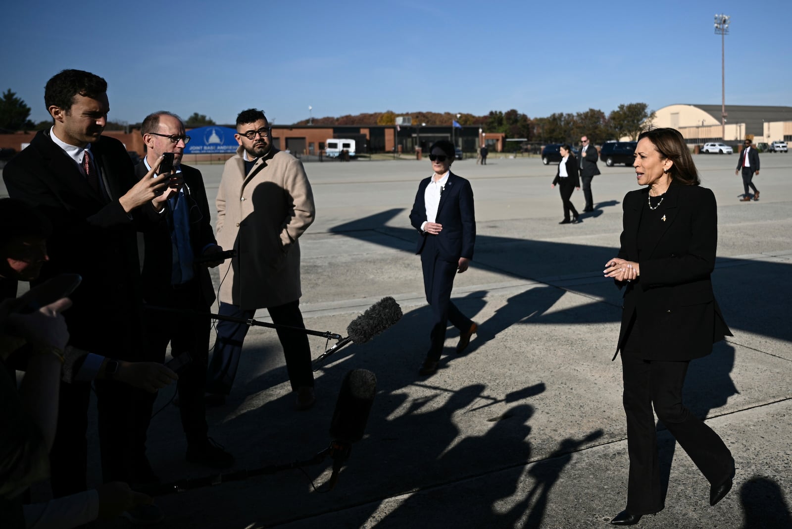 Democratic presidential nominee Vice President Kamala Harris talks to reporters before boarding Air Force Two, Wednesday, Oct. 30, 2024, at Joint Base Andrews, Md. (Brendan Smialowski/Pool via AP)