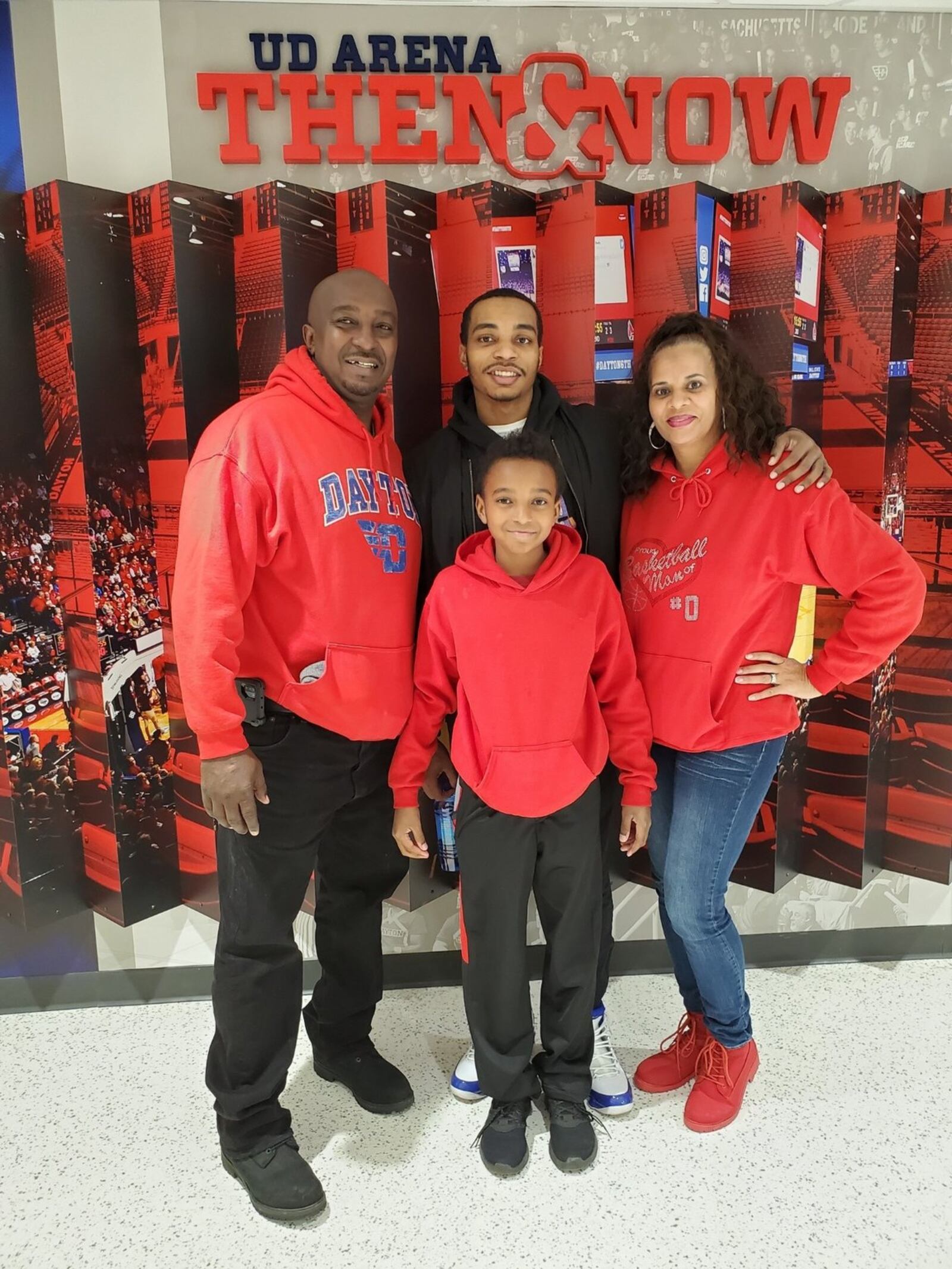 The Chatman family after Saturday night’s UD win over Charleston Southern. Back, from left: Rodney Chatman Jr, Rodney III, Glenda Chatman. Front: Bryce Chatman. CONTRIBUTED