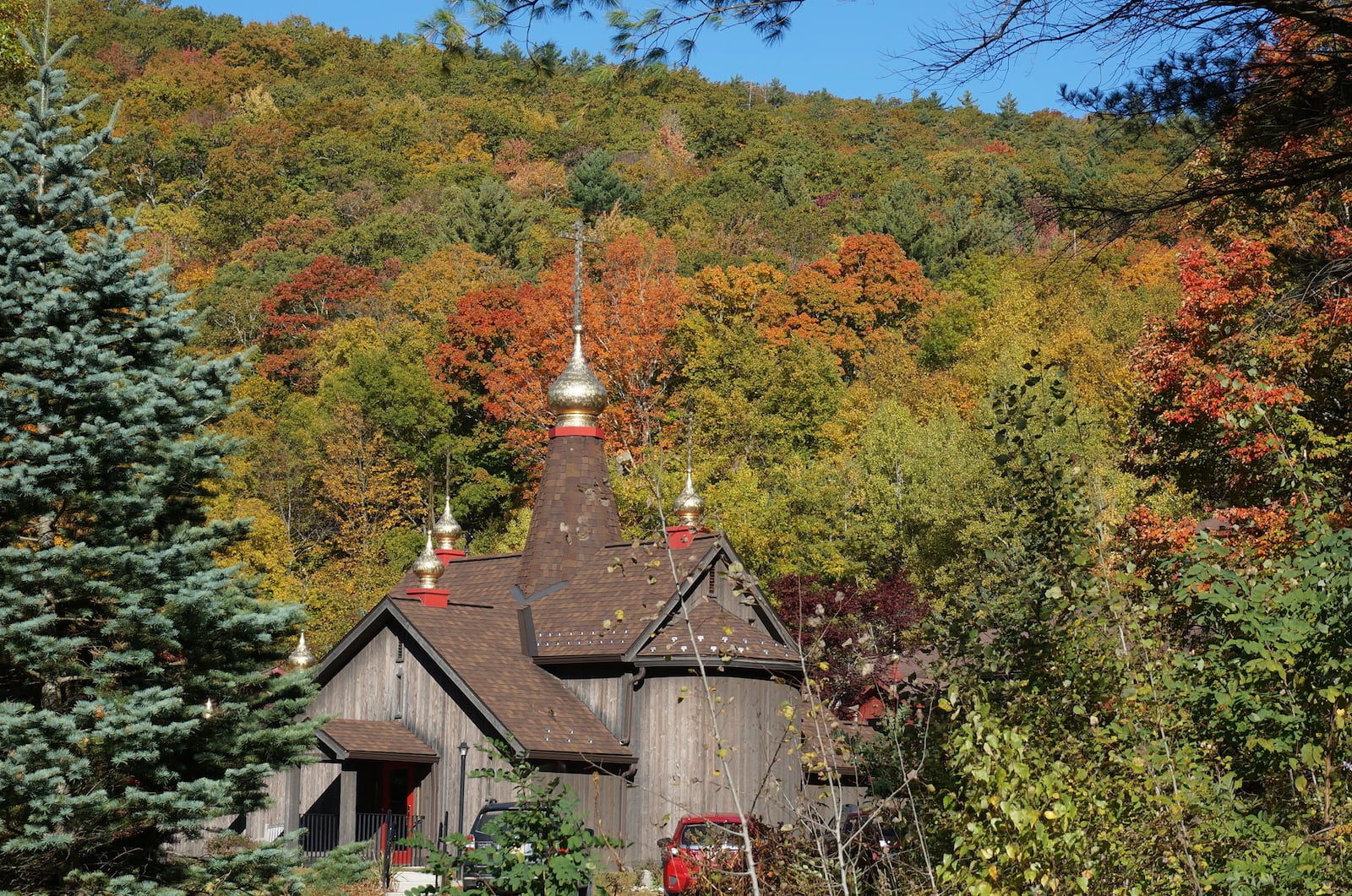 The Church of Holy Transfiguration, built by monks in 1970, is seen through fall foliage on the campus of New Skete, a Christian Orthodox monastery renowned for dog breeding and training programs outside Cambridge, N.Y., on Oct. 12, 2024. (AP Photo/Giovanna Dell’Orto)