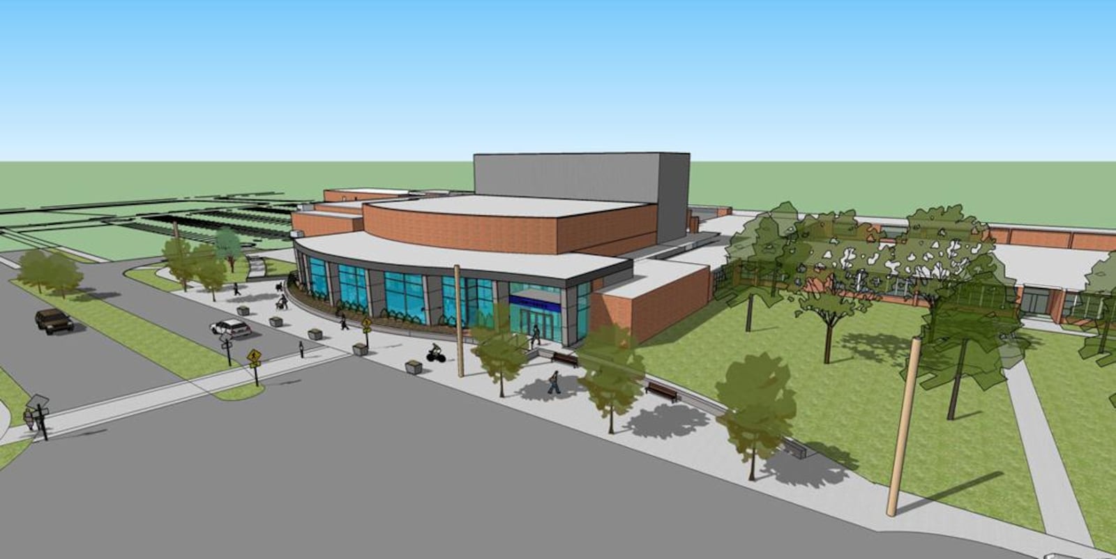 Graphic rendering of the finished Kettering Fairmont High School auditorium currently under construction along Shroyer Boulevard.  SUBMITTED